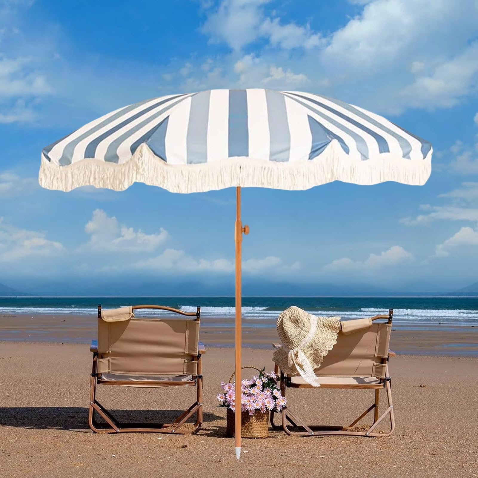 200 cm boho striped beach parasol, zewnętrzny parasol przeciwsłoneczny, wodoodporny parasol ogrodowy z frędzlami z filtrem UPF 50+