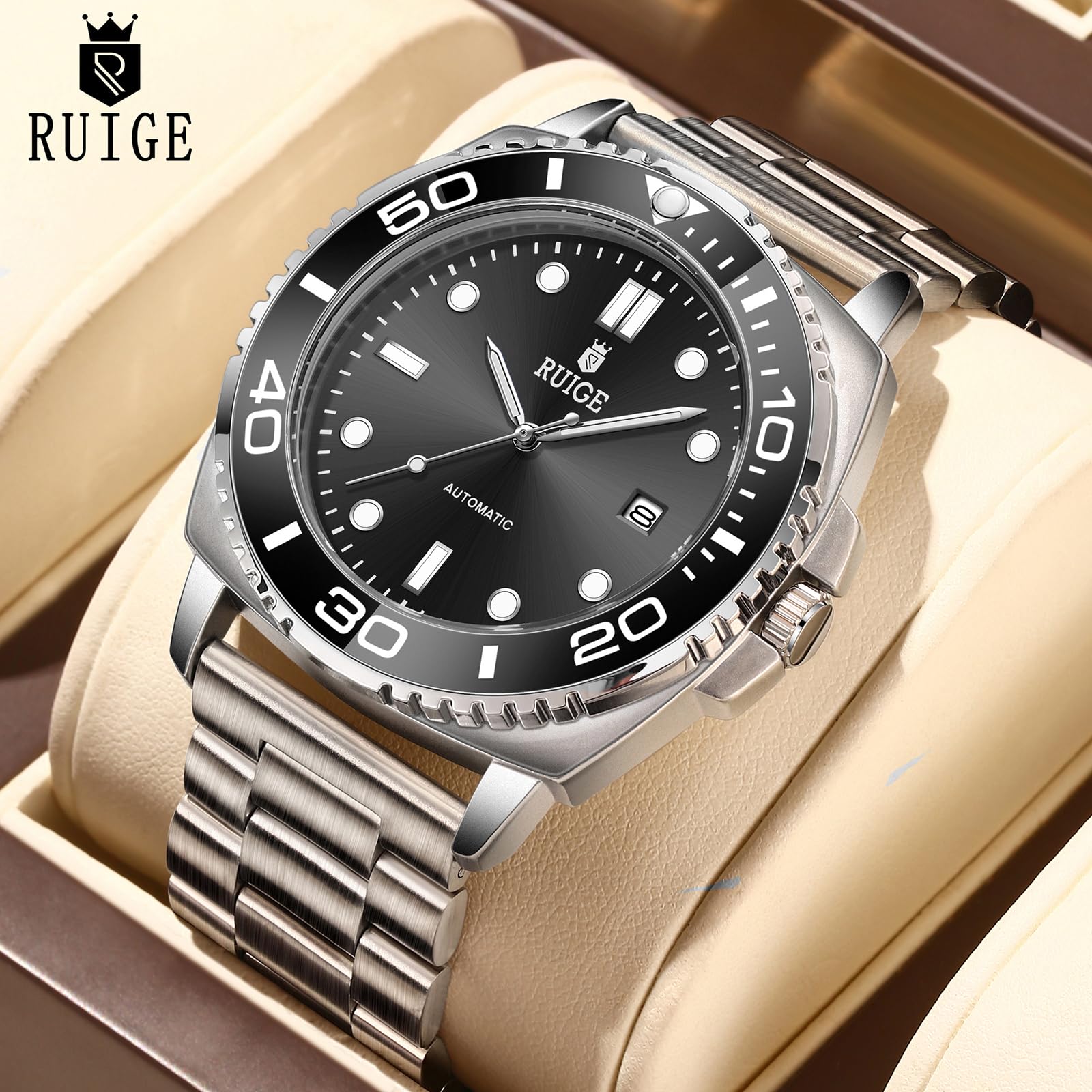 RUIGE Orologio meccanico completamente automatico da uomo, con calendario in acciaio inox, lunetta girevole, alla moda, alla moda, luce notturna, impermeabile, A8-2