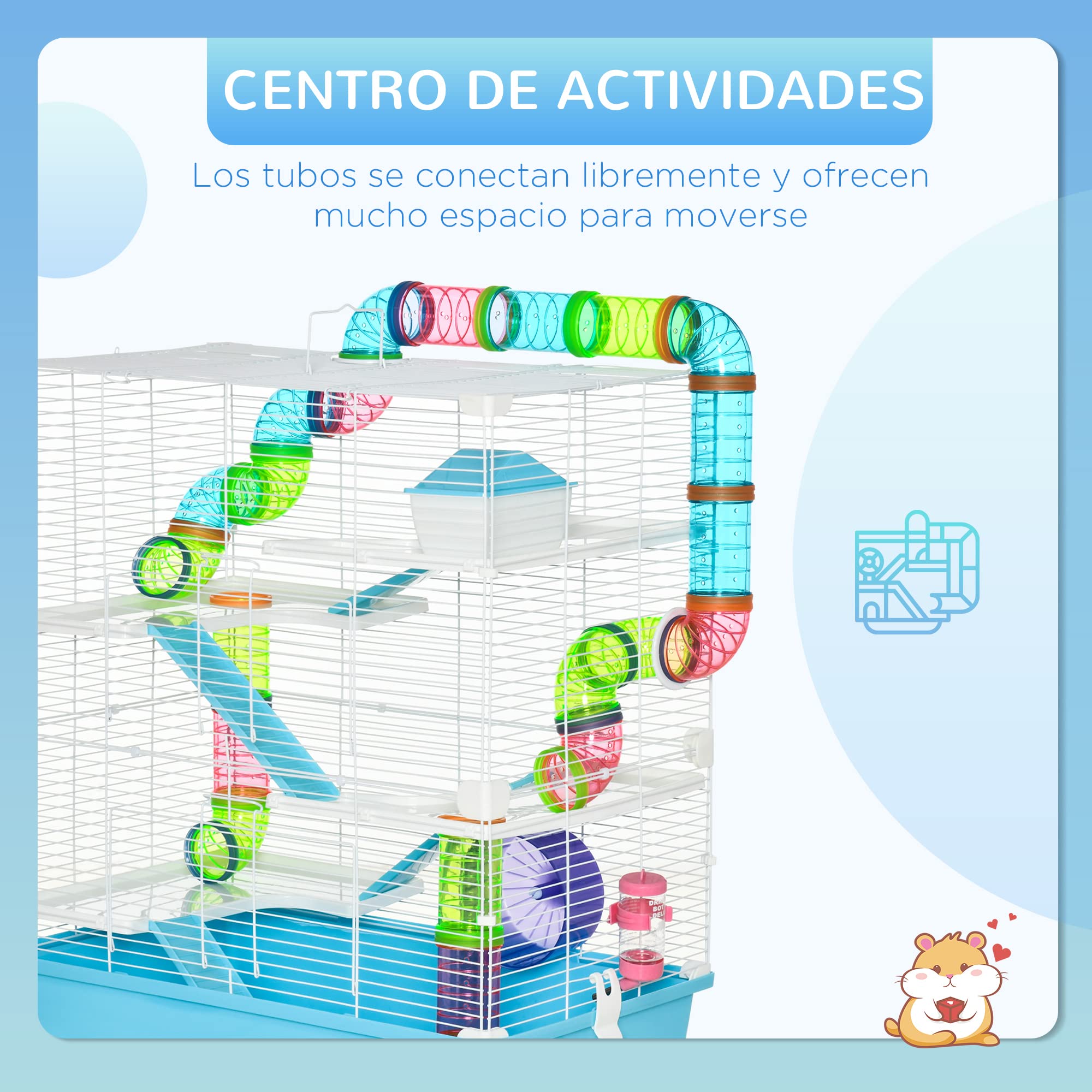 PawHut Jaula para Hámster Grande 59x36x69 cm Casa para Hámster con 4 Plataformas Tubos Comedero Bebedero 4 Rampas Rueda de Ejercicio y 2 Asas Portátiles Azul Celeste