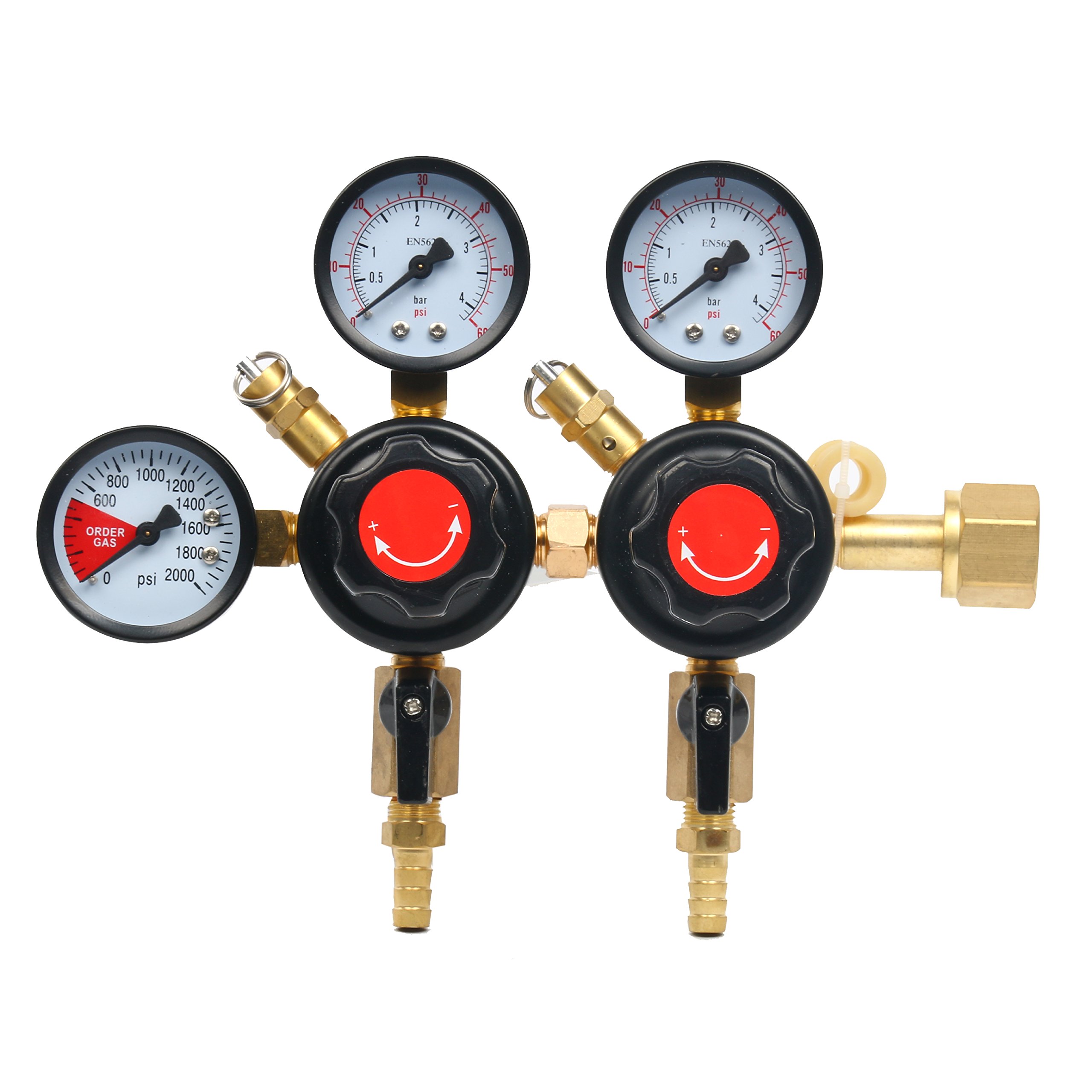 YaeBrew Two Product Dual Pressure Beer Kegerator CO2 Regulator - 0 to 60 PSI-0 to 3000 Tank Pressure CGA-320 Inlet w/ 5/16” ID Gas Hose 3/8" O.D. Safety Discharge 50-55 PSI