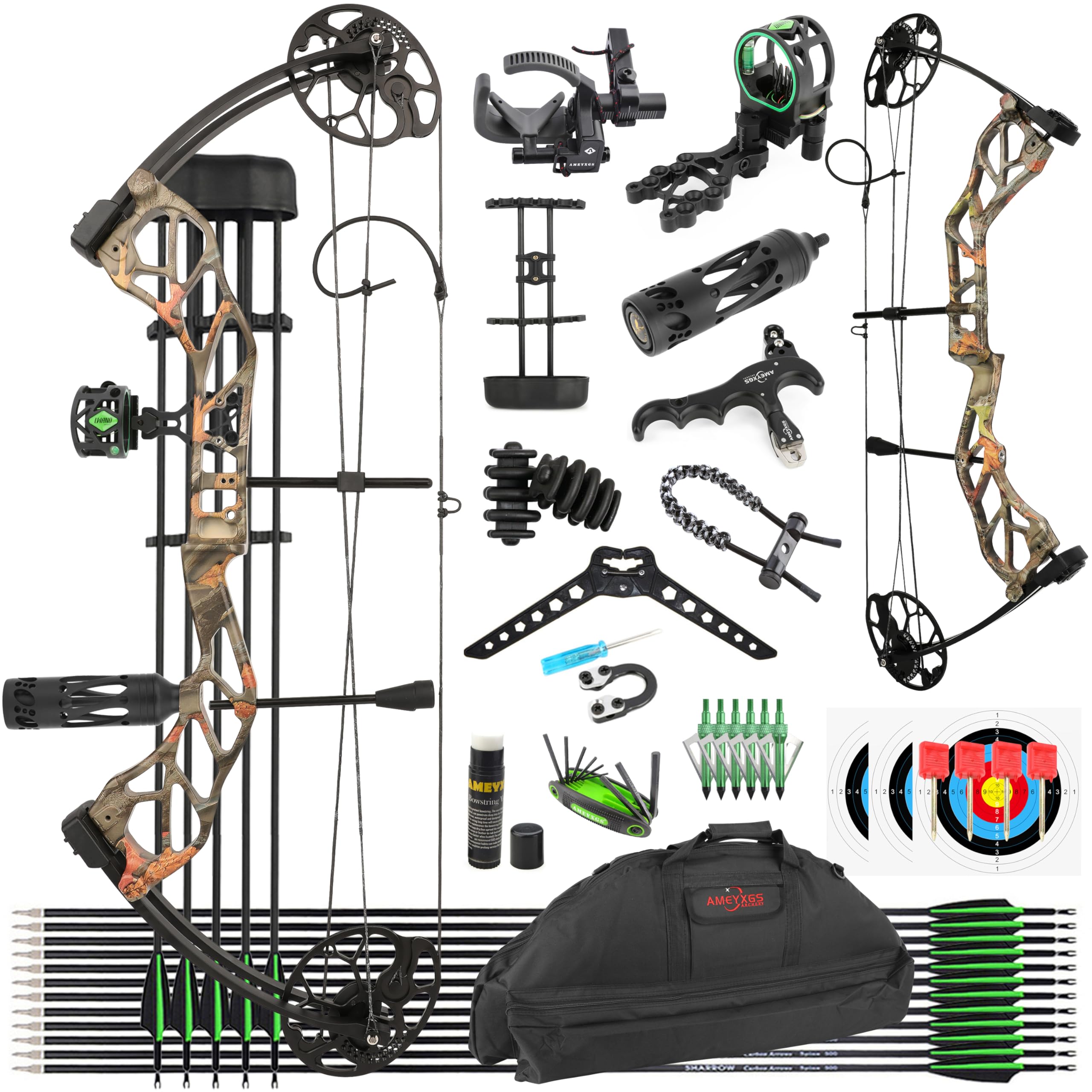 SHARROW Set Arco Compound e Frecce per Adulti e Principianti Caccia e Bersaglio, Peso di Tiro 19-70 libbre, Lunghezza di Tiro 19-30", IBO 320 fps, Kit Arco Compound da Caccia
