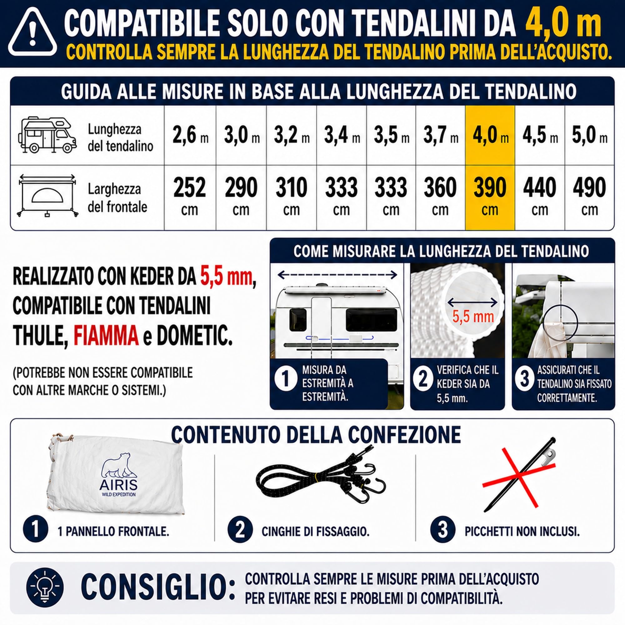 Fiamma F45 AIRIS Parete Anteriore Tenda da Sole Camper 390x190 cm Tessuto Misto Cotone Avorio Impermeabile Protezione UV