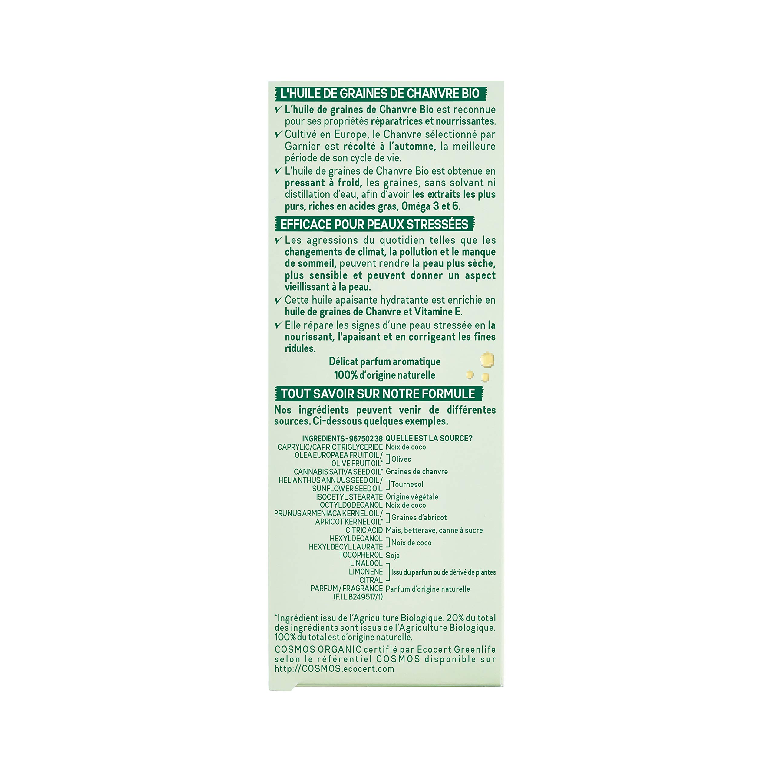 Garnier Bio - Huile de Nuit Multi-Réparatrice Visage - Au Chanvre Nourrissant & Vitamine E - Peaux Stressées & Sensibles - 30 ml