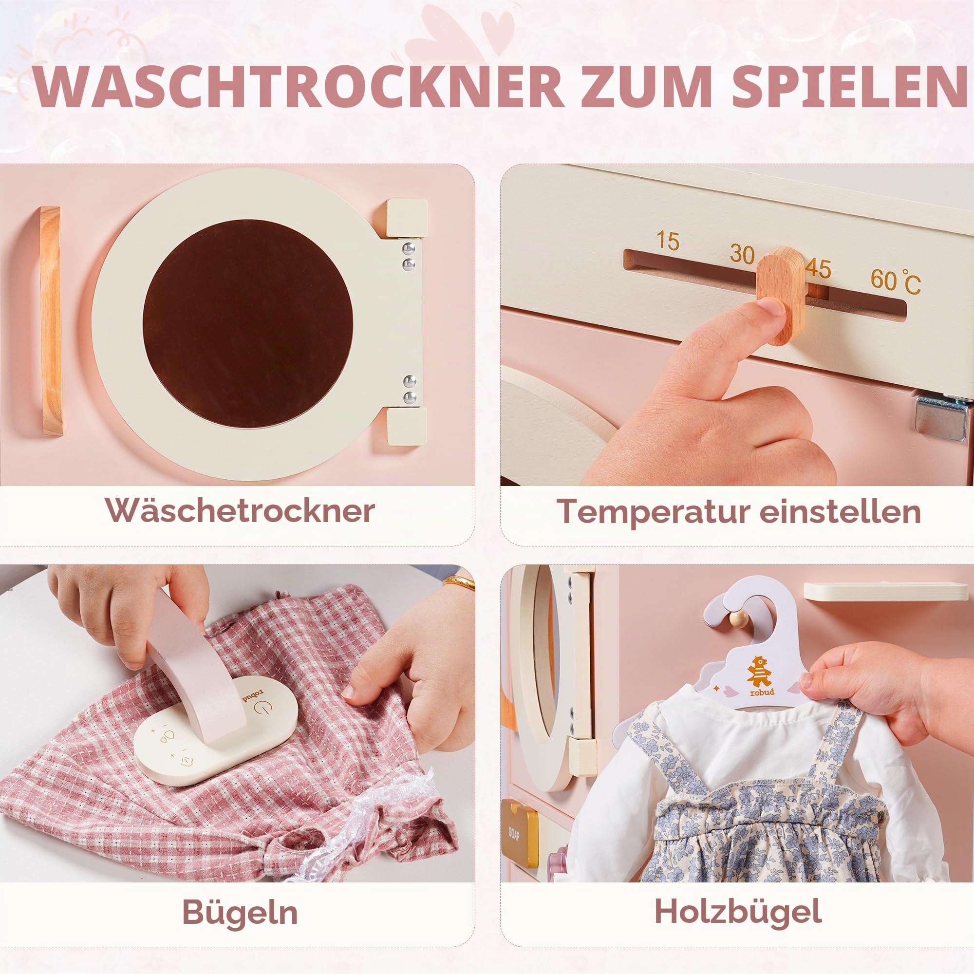 ROBUD Kinder Waschmaschine Set aus Holz: Spielküche Spielzeug, 2-in-1 Spielwaschmaschine Trockner Set, Rollenspiel Küchenspielzeug mit Bügeleisen, Kleiderbügel, Seife, Geschenk für Kinder ab 3 Jahren
