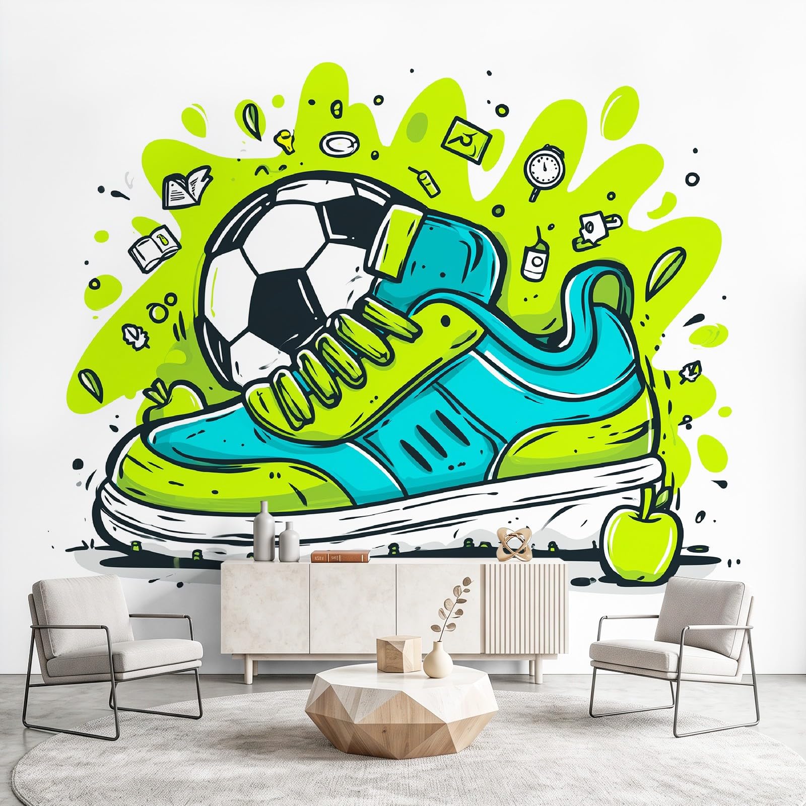 Art Fototapete Graffiti Sport Fototapete 350 x 256 cm Vlies Tapeten Fußball Sneaker Wandtapete Wohnzimmer Schlafzimmer Wohnzimmer Wand tapete Wandbilder Wand