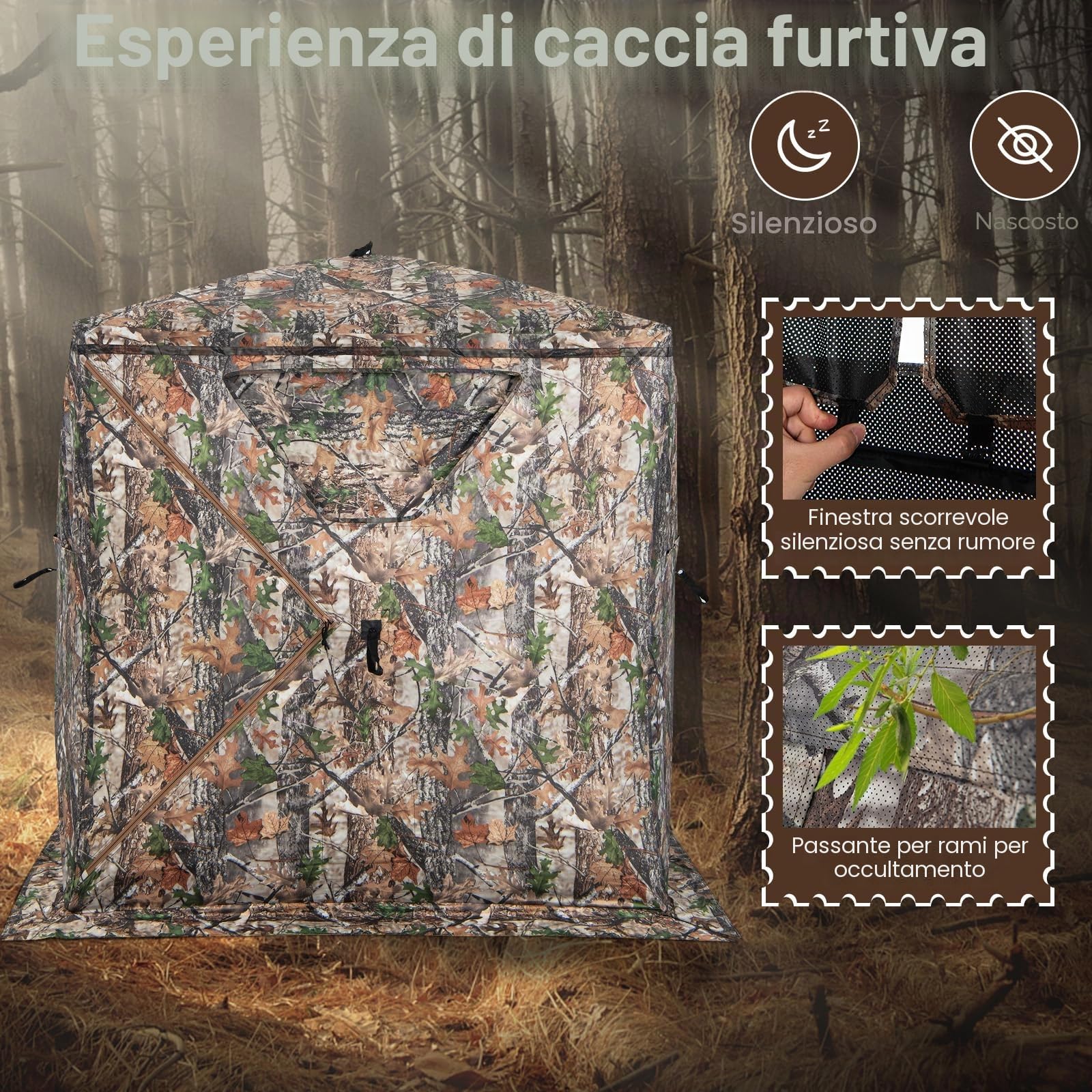 KOMFOTTEU Tenda da caccia per 2/3 persone, tenda da caccia con borsa per il trasporto, tenda da campeggio con finestra, tenda da lancio pieghevole per caccia, mimetica