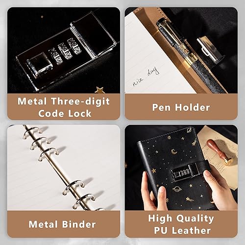Miniatura 3 de Diario de cuero estrellado con cerradura, carpeta de papel recargable, diario de contraseña, cuaderno secreto A6 de tapa dura para mujeres, niñas y