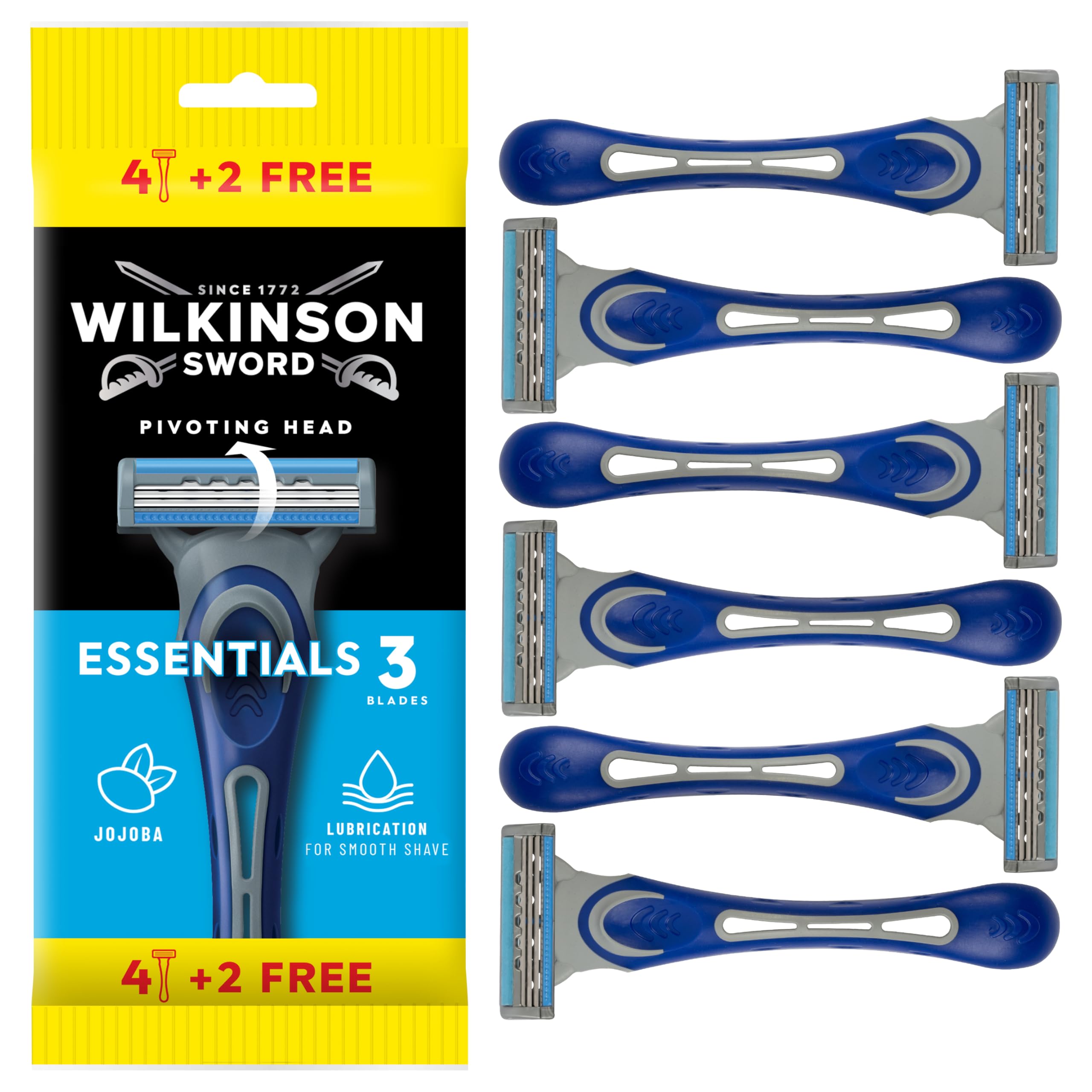 Wilkinson Sword Extra 3 Essential - Pakiet 4 + 2 jednorazowych maszyn z opaską smarującą Aloe Vera - Optymalne do pielęgnacji i gładkości twarzy