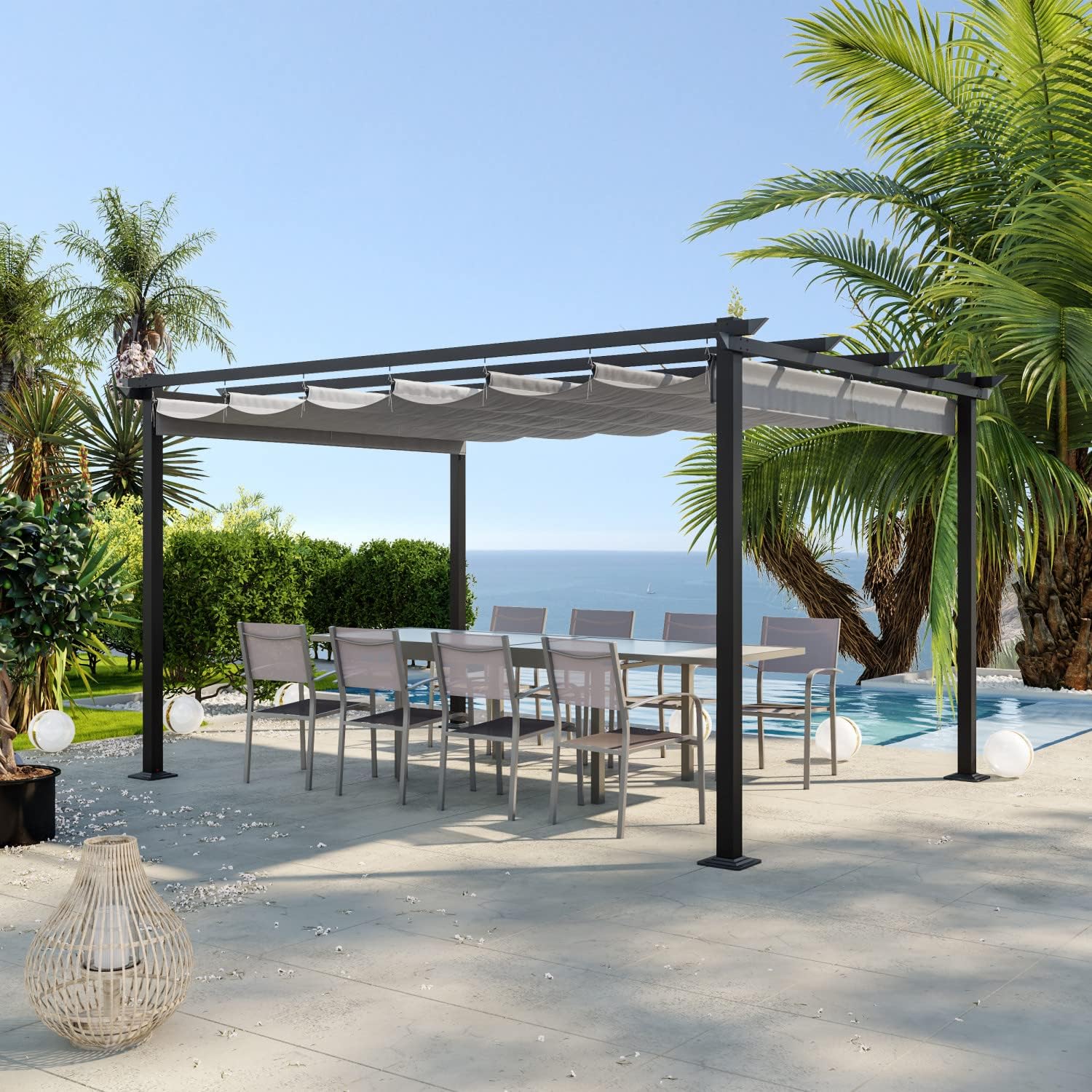 Tonnelle Jardin 3x3m Outsunny Pergola Jardin 3x3m - Toile Coulissante Rétractable - Protection UPF30+ - Pour Terrasse, Patio Store Banne