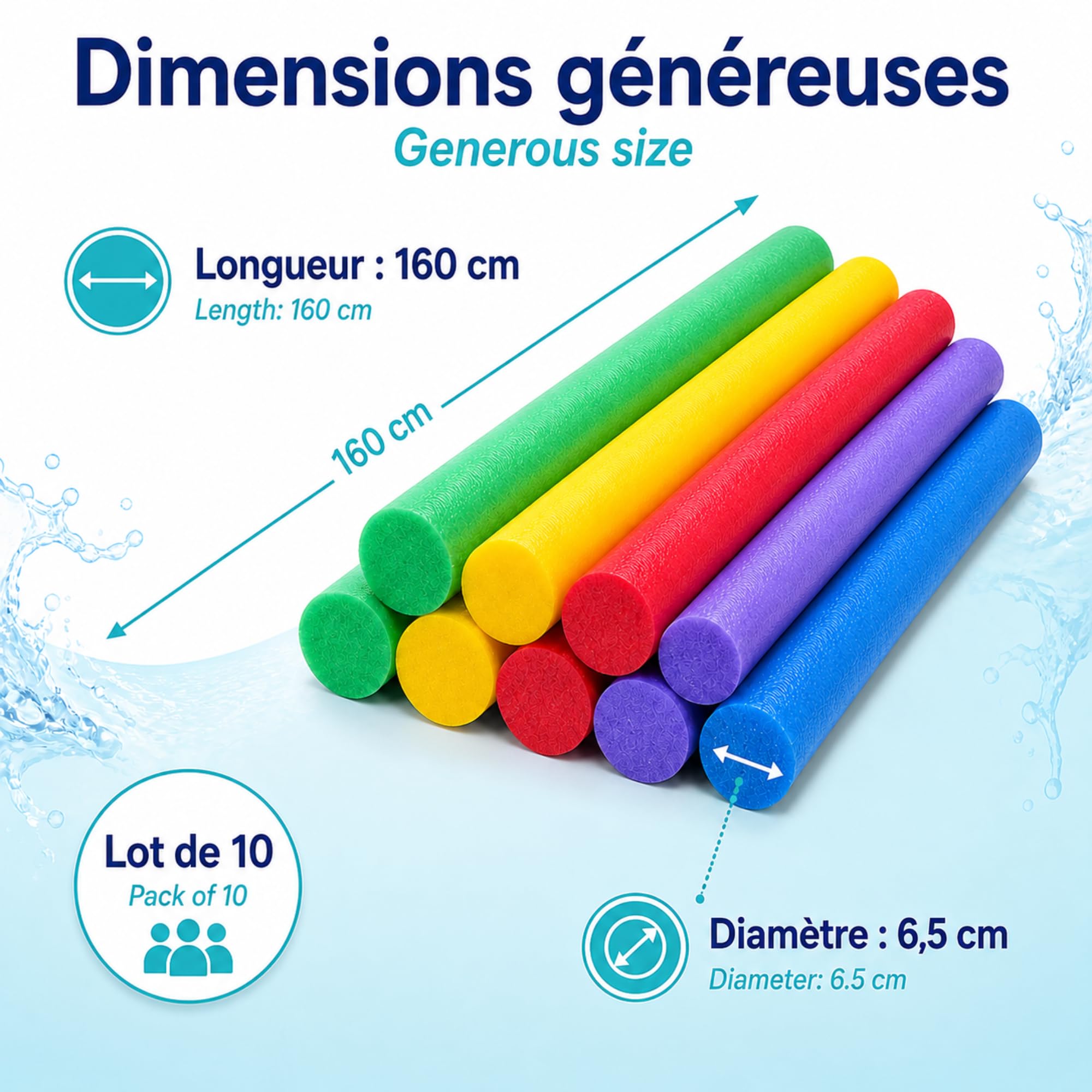 Lot 10 Frites de Piscine Mousse Flottantes 160 cm x 6,5 cm - Multicolores Souples et Resistantes - Accessoires Jeux Eau Piscine Mer Plage Aquagym Natation Enfants Adultes - Fun Noodle - Nouille