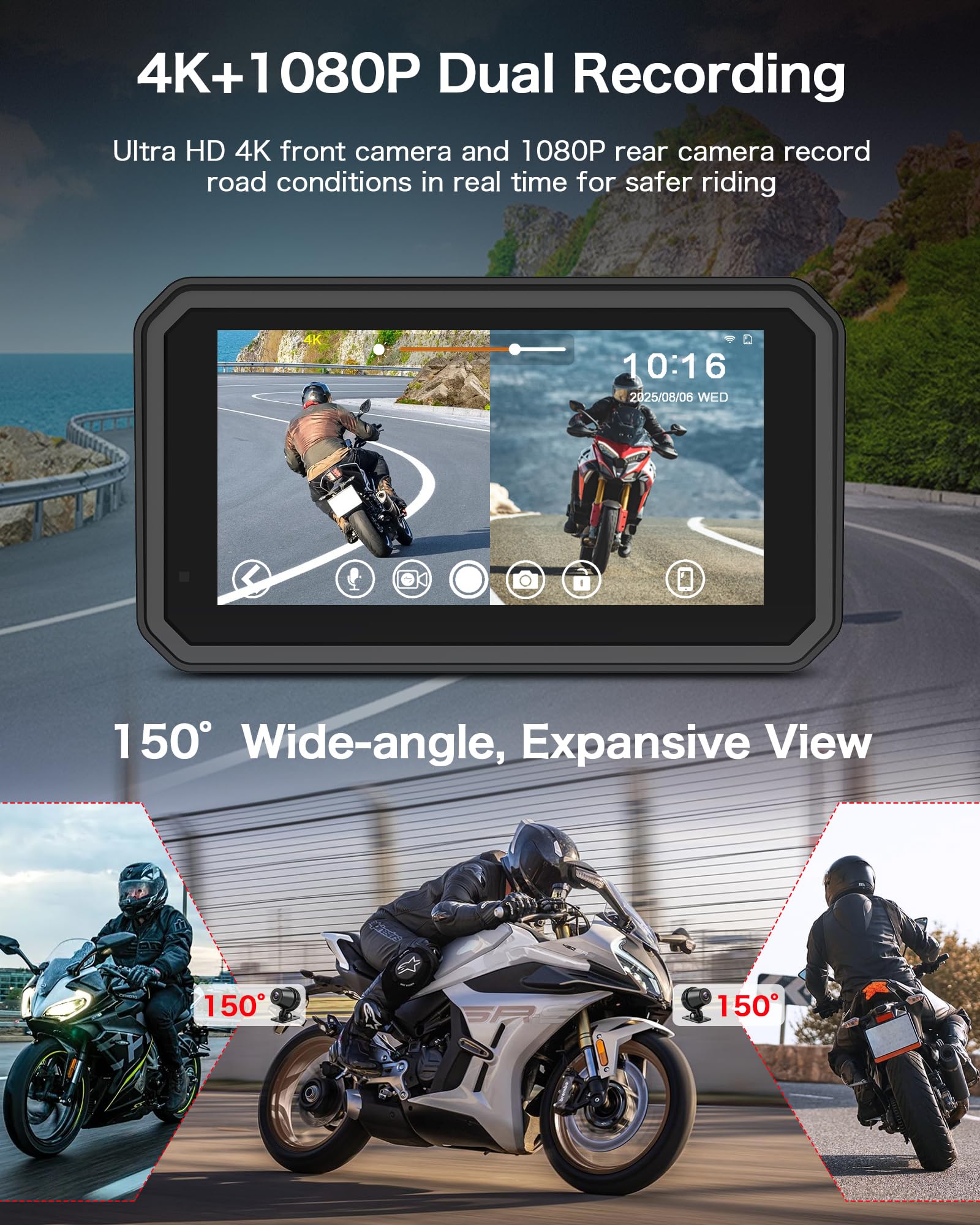 Jansite 4K Motorrad CarPlay Android Auto 6,25 Zoll Motorrad Navi mit Dashcam Vorne Hinten, IP67 Wasserdicht Bildschirm, Dual-Bluetooth,Siri/G-oogle Assistant