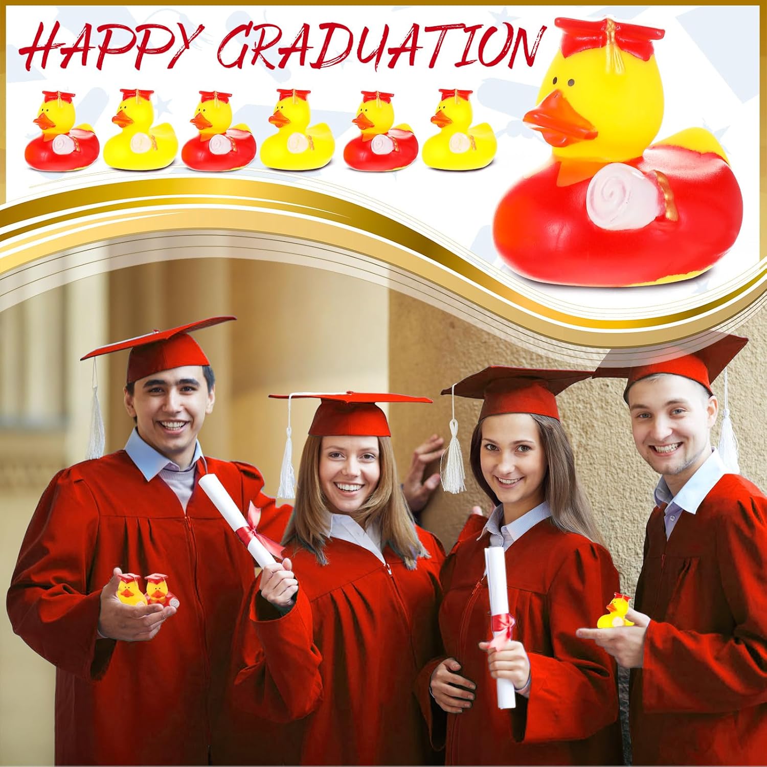 48 Pcs Mini Graduation Rubber Ducks with Graduation Tassel Cap and Certificate Gold Yellow Grad Duck for Pool Float Party Favors Decor Classroom Reward Prize Gifts, 2 Inch, 2 Style (Red)