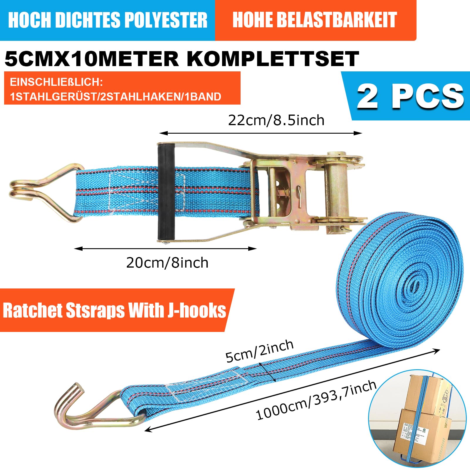 Lot De 2 Sangles D'arrimage | 2 M | 5 T (2500/5000 DaN, Kg) 2 Pièces | 50 Mm | Avec Cliquet Et Crochet | Sangles à Cliquet | Certifié TÜV/GS (2 Pièces
