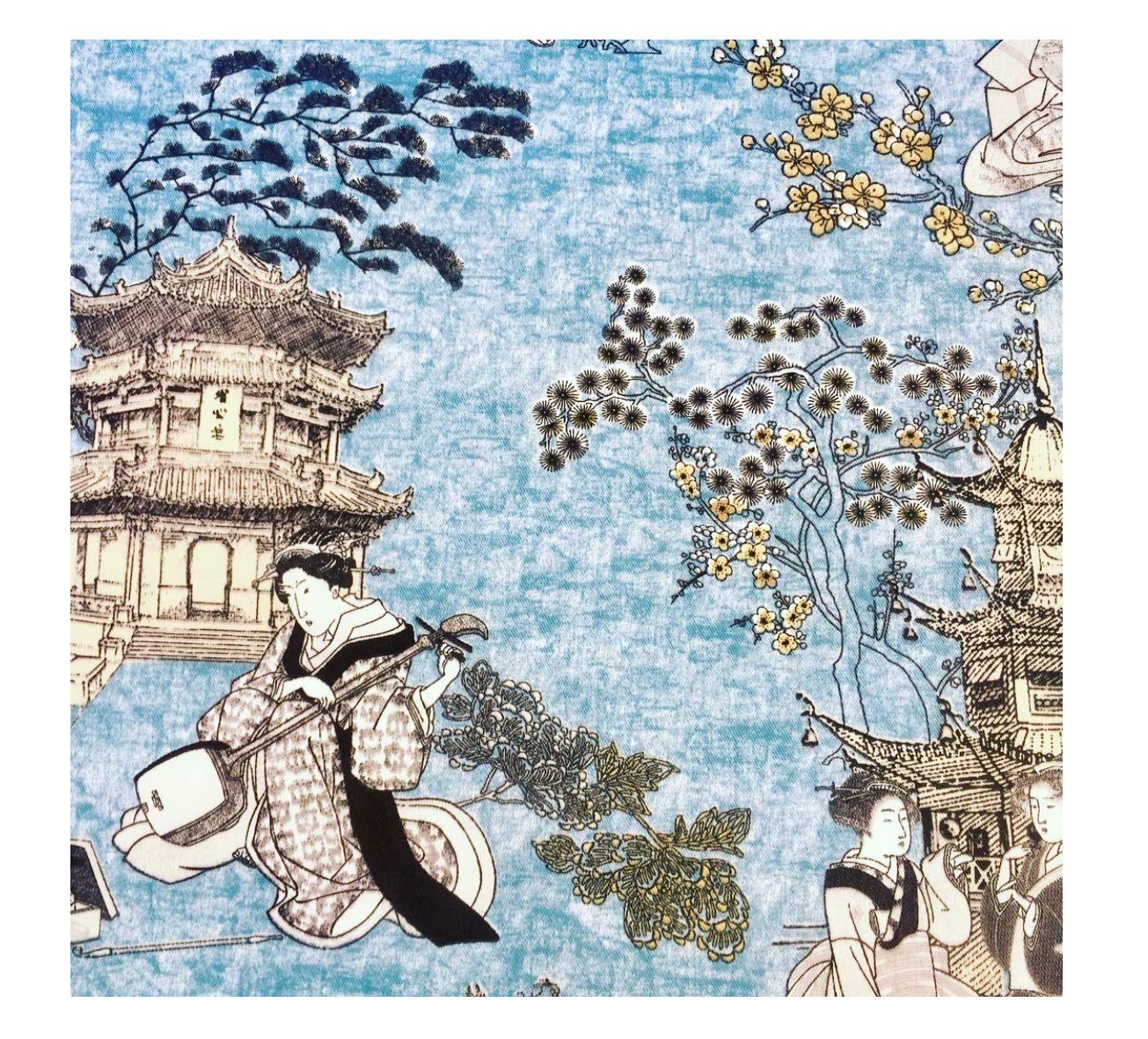 Geisha Japanese Pagoda Oriental Twill Floral Curtain Fabric Material - Blue, Mustard (Sample 10cm x 10cm)