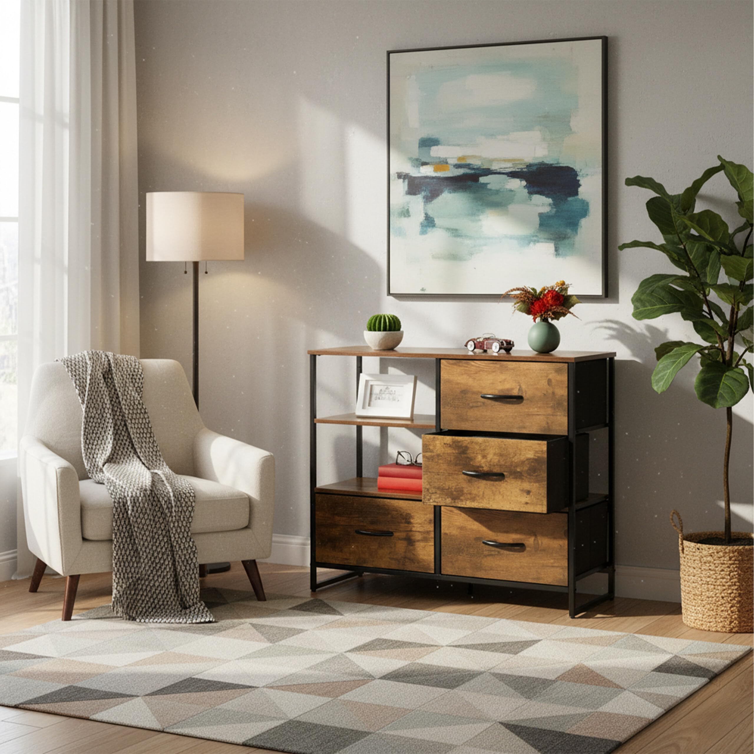 Relaxdays Commode de Style Industriel, HLP 71,5 x 84 x 32,5 cm, métal, Aspect Bois, avec 4 tiroirs, Buffet, Marron/Noir