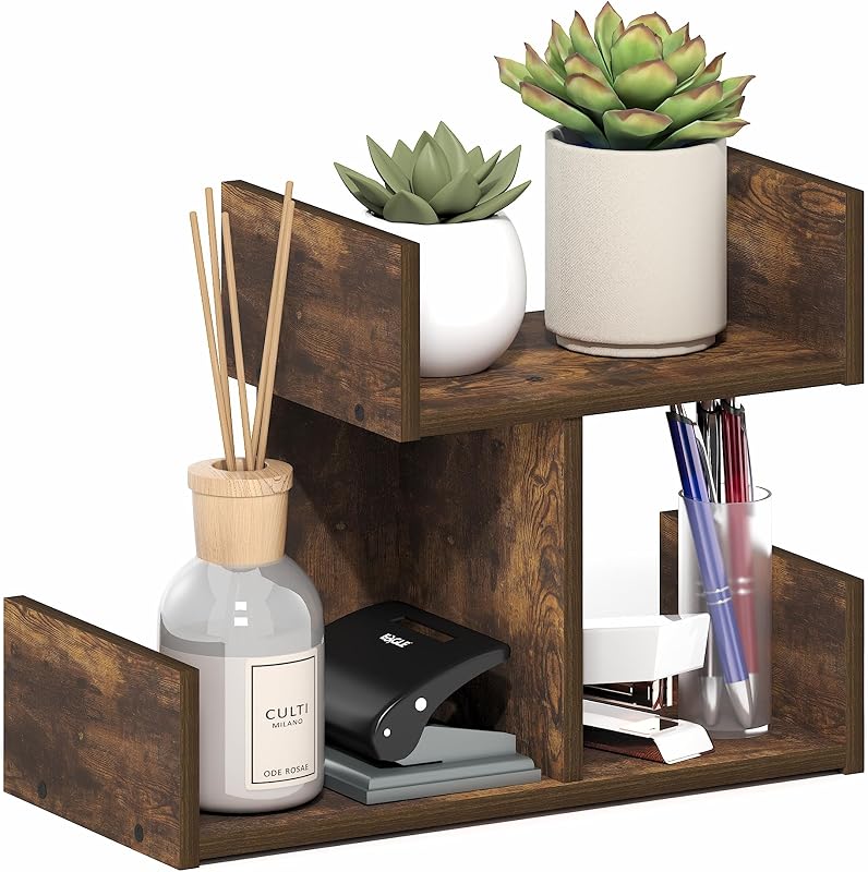 HERMITE Desk Organizers and Accessories, 2-Tier U-Shape Office Organization Shelf, Desk Top Book Shelf, for Writing Supplies, Desktop, Amber Pine