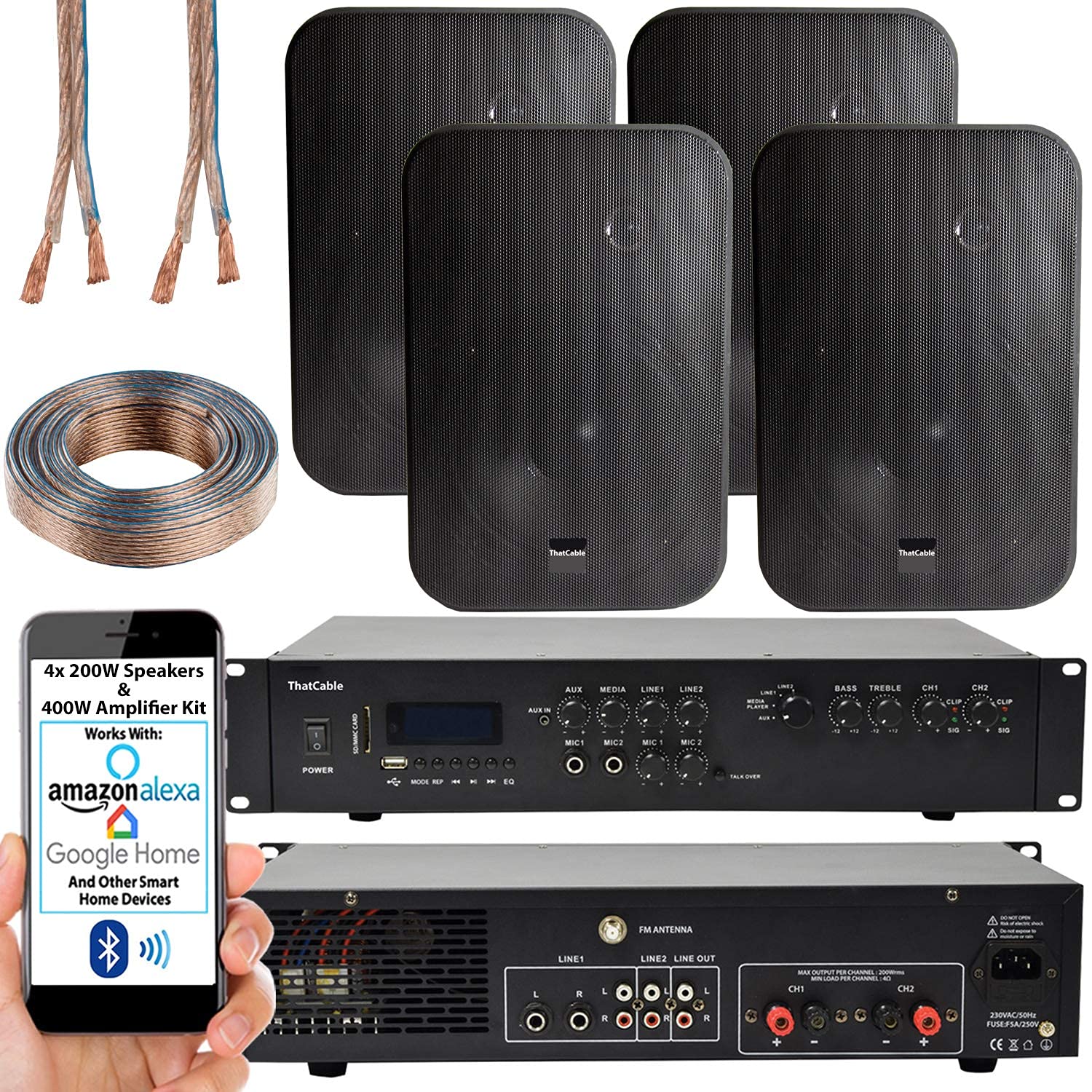 400W LOUD Outdoor Bluetooth Sound System | 2 Channel HiFi Mixer Amplifier Amp Kit | 4x 140W Black Speaker | Powerful Wireless External Music | Weatherproof Garden Party Event Home Audio