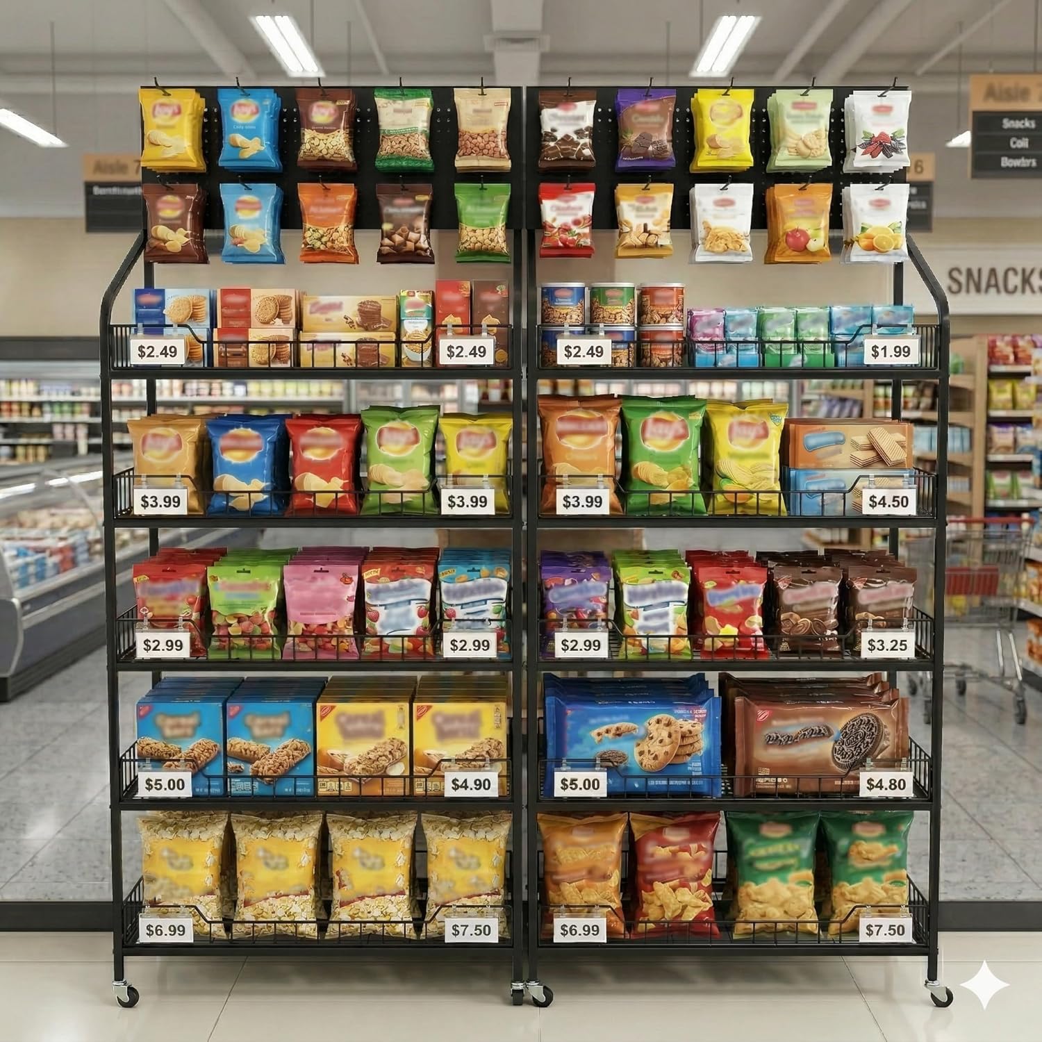 Commercial 5 Tier Freestanding Retail Display Rack for Snacks and Candy, Heavy Duty Q235 Steel Chip Stand with Sliding Baskets, 360° Rotating Silent Wheels, 4 Foot Pads & 10 Price Tags