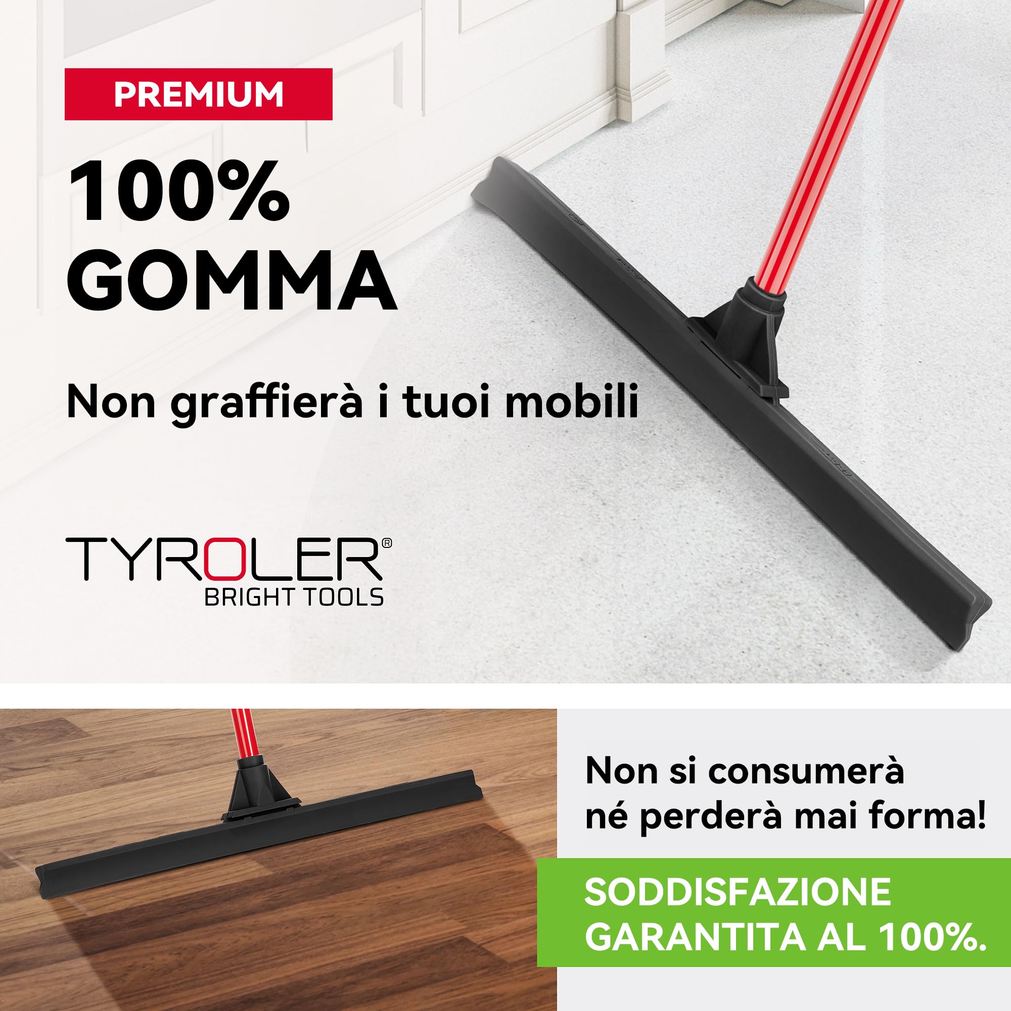 Tyroler Tira Acqua Pavimenti esterno da 60 cm | Testa in Gomma 100% | Manico Antiruggine da 140 cm tergipavimento spingiacqua | tiraacqua pavimenti esterni | tiracqua per pavimento