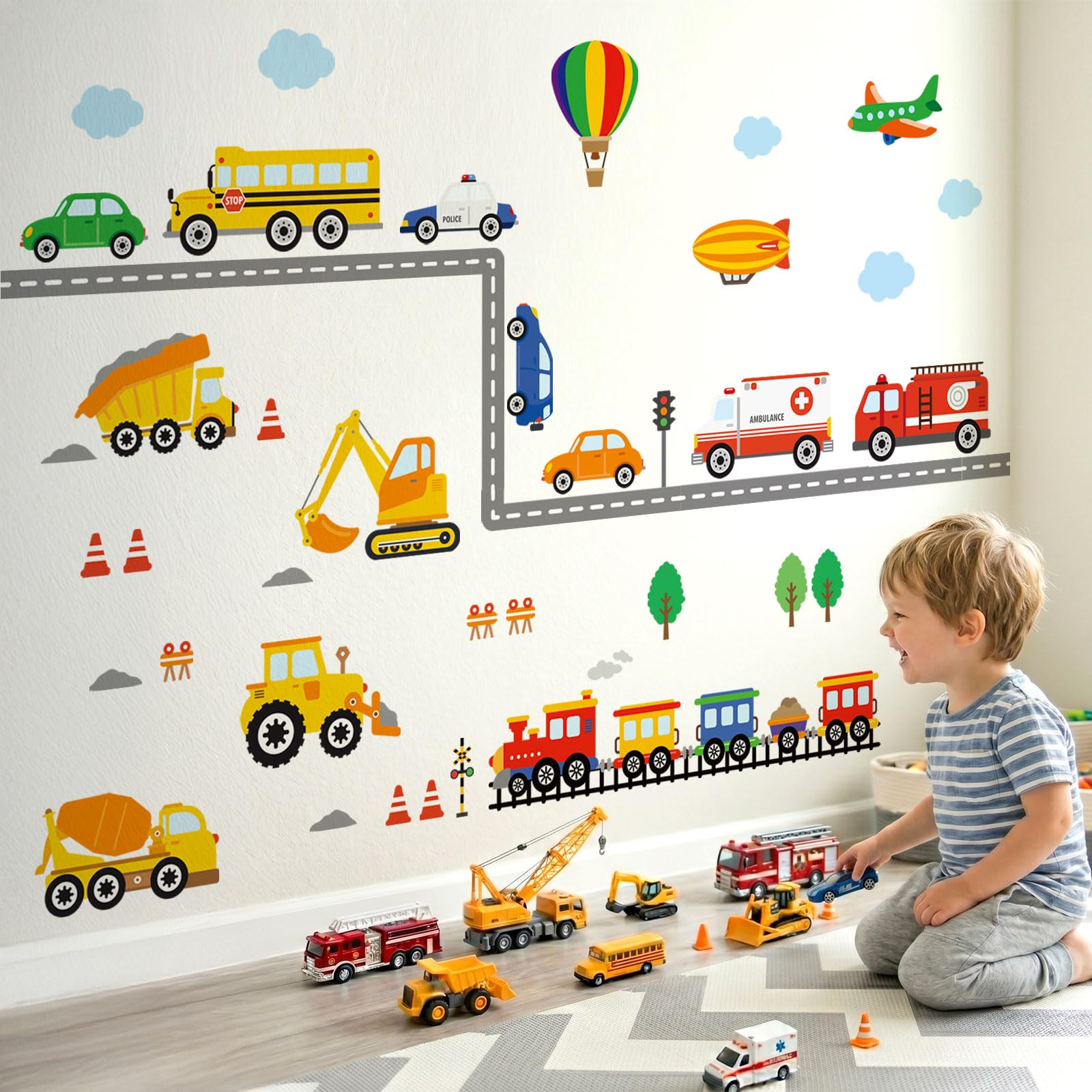 DECOWALL DS8-8047 Vehículos de Construcción Carretera Pegatinas de Pared Camión Excavadora Coches Transporte Calcomanías para Niños Dormitorio Guardería Sala de Juegos Sala de Estar Decoración
