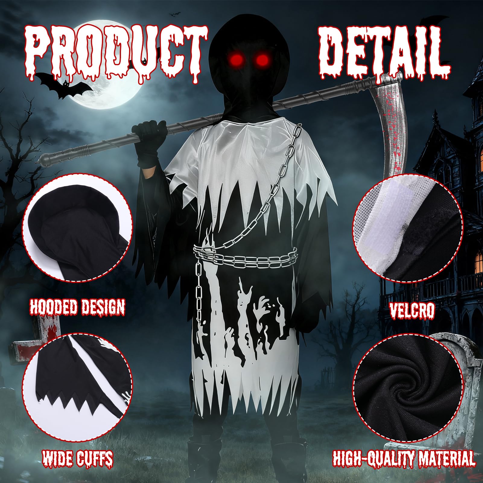 Grim Reaper Costume Kids, Glow in the Dark Skeleton Black Cape with Hood with Glasses Gloves Grim Reaper Scythe Costume Chain - Image 4