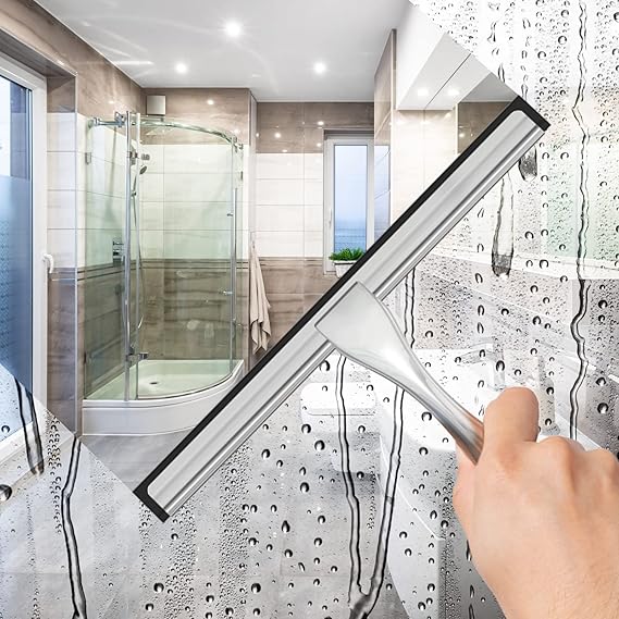 All-Purpose Stainless Steel Shower Squeegee for Shower Glass Door with 2 Adhesive Hooks, Bathroom Cleaner Tool Household Window Mirror Squeegee