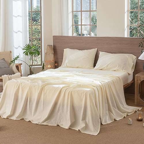 Miniatura 7 de MooMee Juego de sábanas 100% algodón lavado con textura parecida al lino, transpirable, duradero, suave y cómodo (blanco crema, individual)