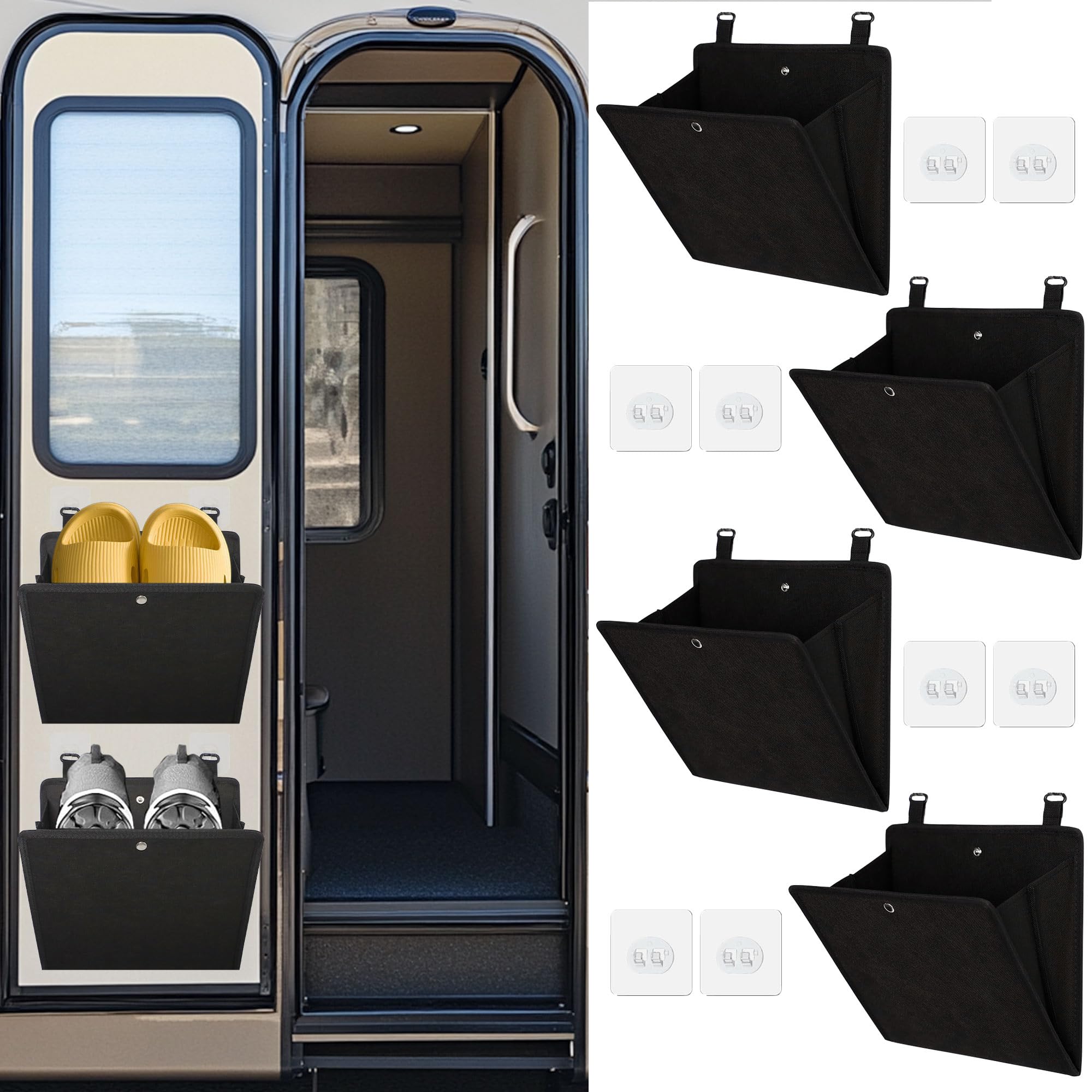 PUGPIU RV Camper Shoe Storage 4 Pack - Foldable Wall Mounted Shoe Rack Organizer - Self-Adhesive Rv Shoe Holder - Space Saving for Camper Essential Home Travel with Deep Pocket Fit 1 Pair Shoes, Black