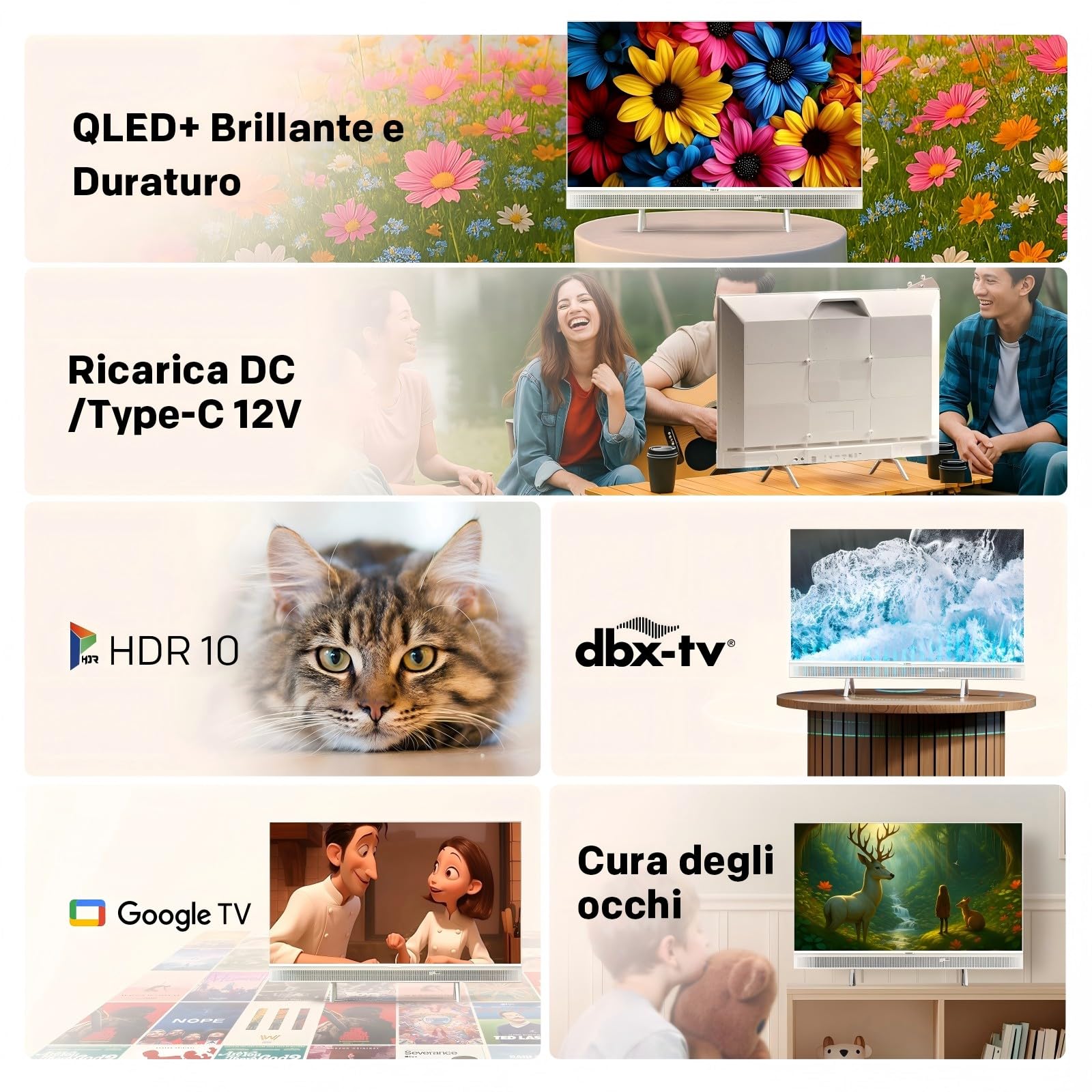 Metz 32 Pollici Smart TV QLED, 32MQE7100Z Televisione Portatile, Power-C (Compatibile con Power Bank), HDR10, dbx-TV, Dolby Audio, Chromecast, Controllo Vocale,Tuner DVB-T/T2/C/S/S2/Analogico