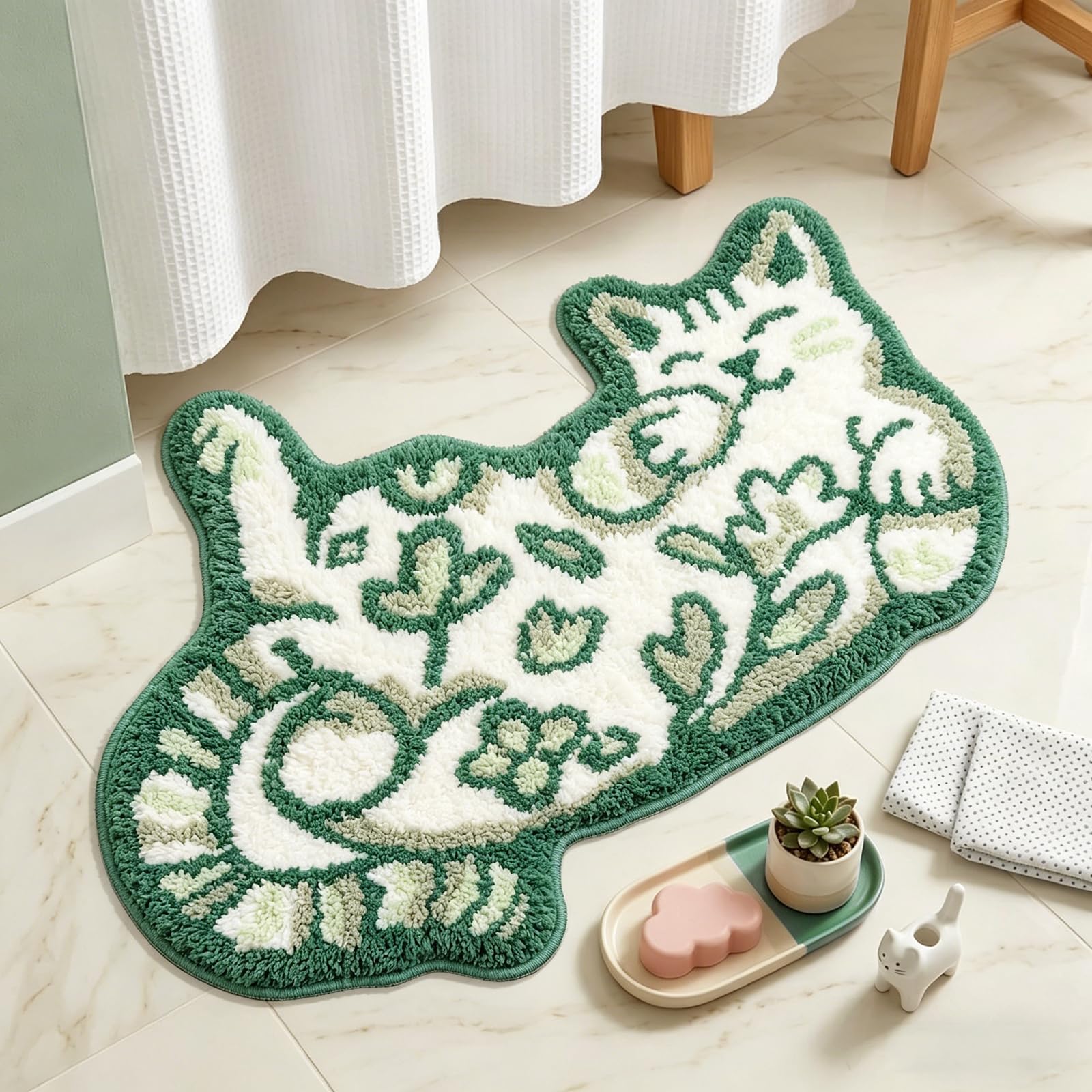 Softania Cute Cat Bath Mat, Unique Green Small Fun Bathroom Rug — image 1