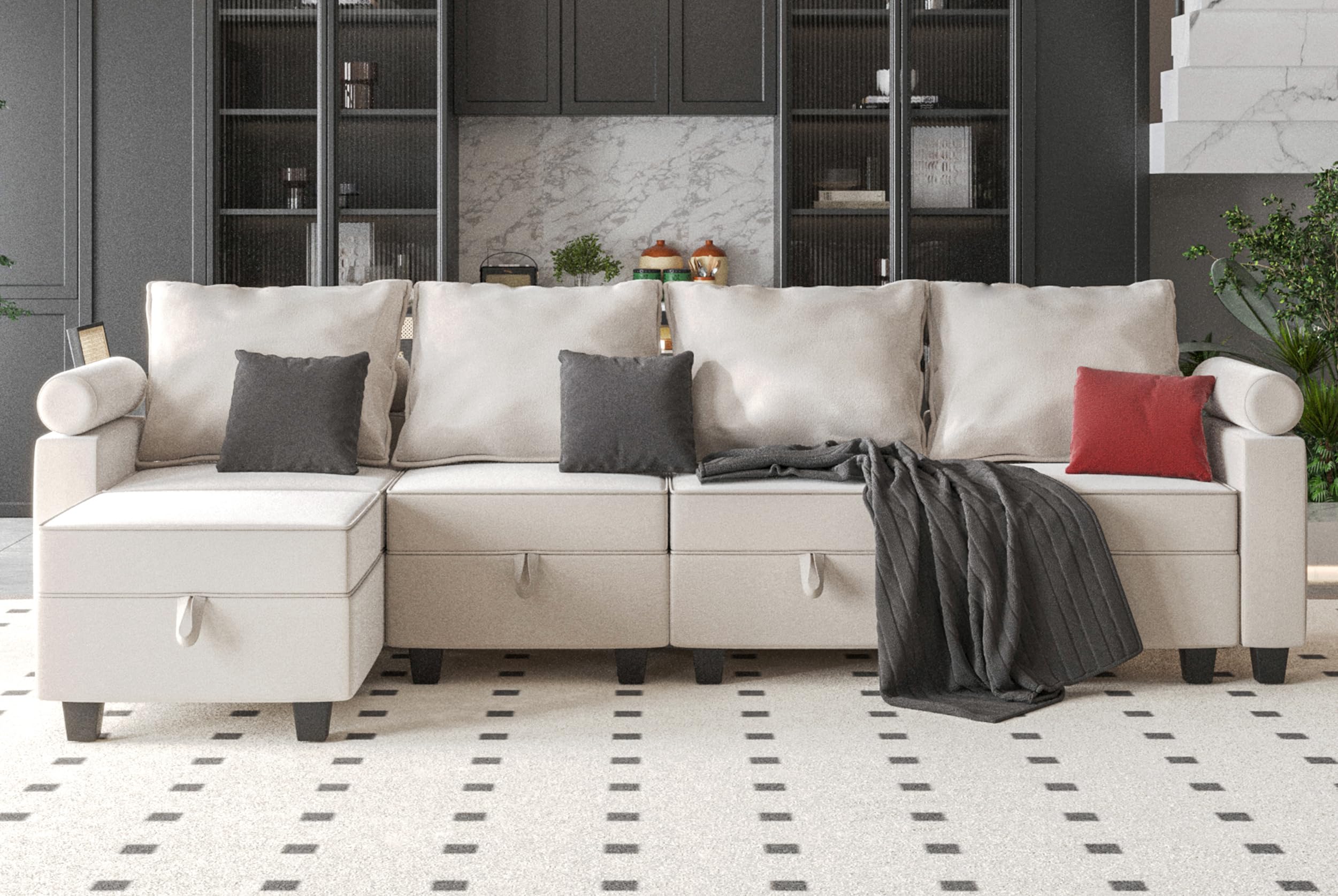 Tbfit Modular Sectional Sofa with Storage Seat, Convertible Oversized L Shaped Couch with Reversible Chaises, Sleeper Sofa with Adjustable Arm for Living Room, Beige