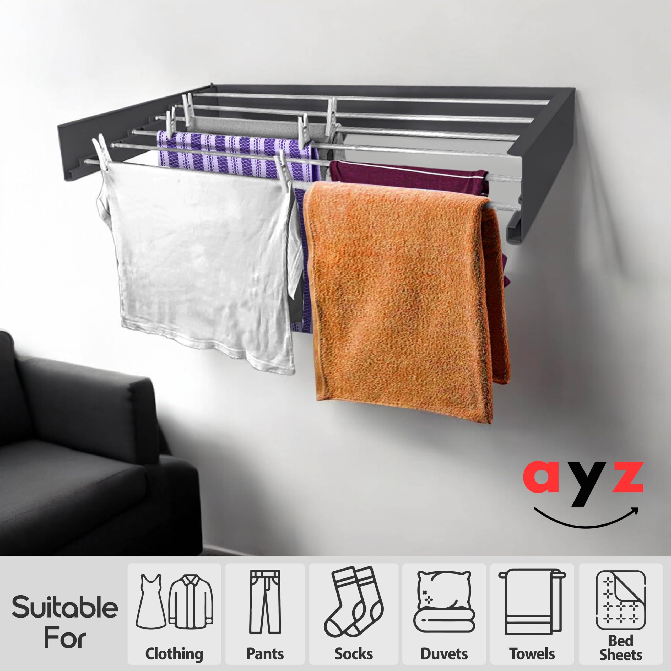 AYZ Wäscheständer zur Wandmontage, Wandtrockner, Kleiderstange, Handtuchhalter mit 35 kg Kapazität für Innen- und Außenbereich, für Schlafzimmer, Garten, Balkon, Campingplätze... (Weiß, 100 cm)