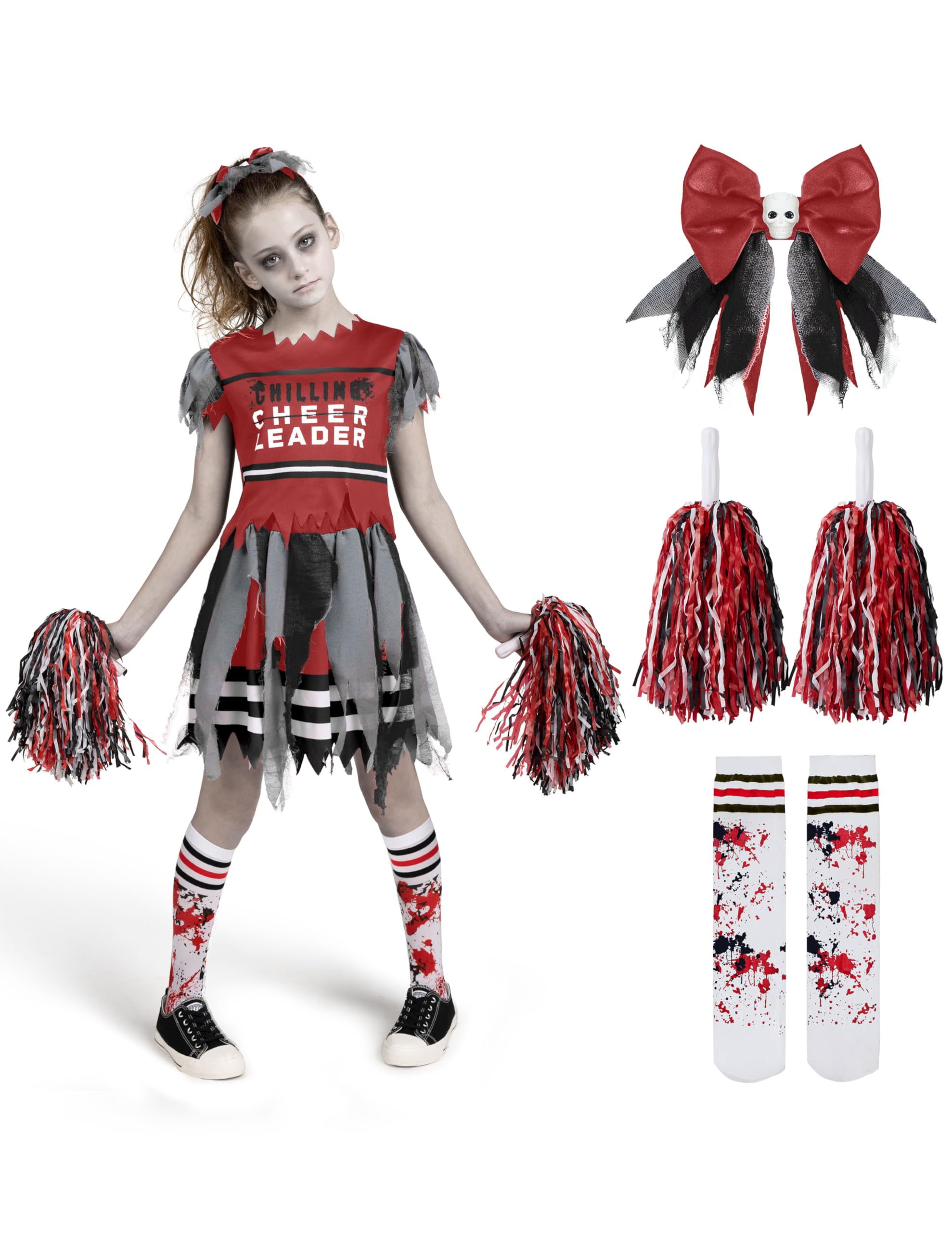Spooktacular Creations Kids Zombie Cheerleader Halloween Costume, Dead Cheerleader Costume for Girls, Fearleader Outfit