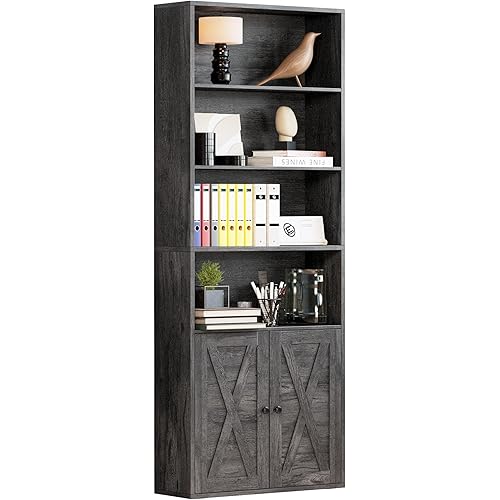 IRONCK Industrial Bookshelves and Bookcases with Doors Floor Standing 6 Shelf Display Storage Shelves 70 in Tall Bookcase Home Decor Furniture for Home Office, Living Room