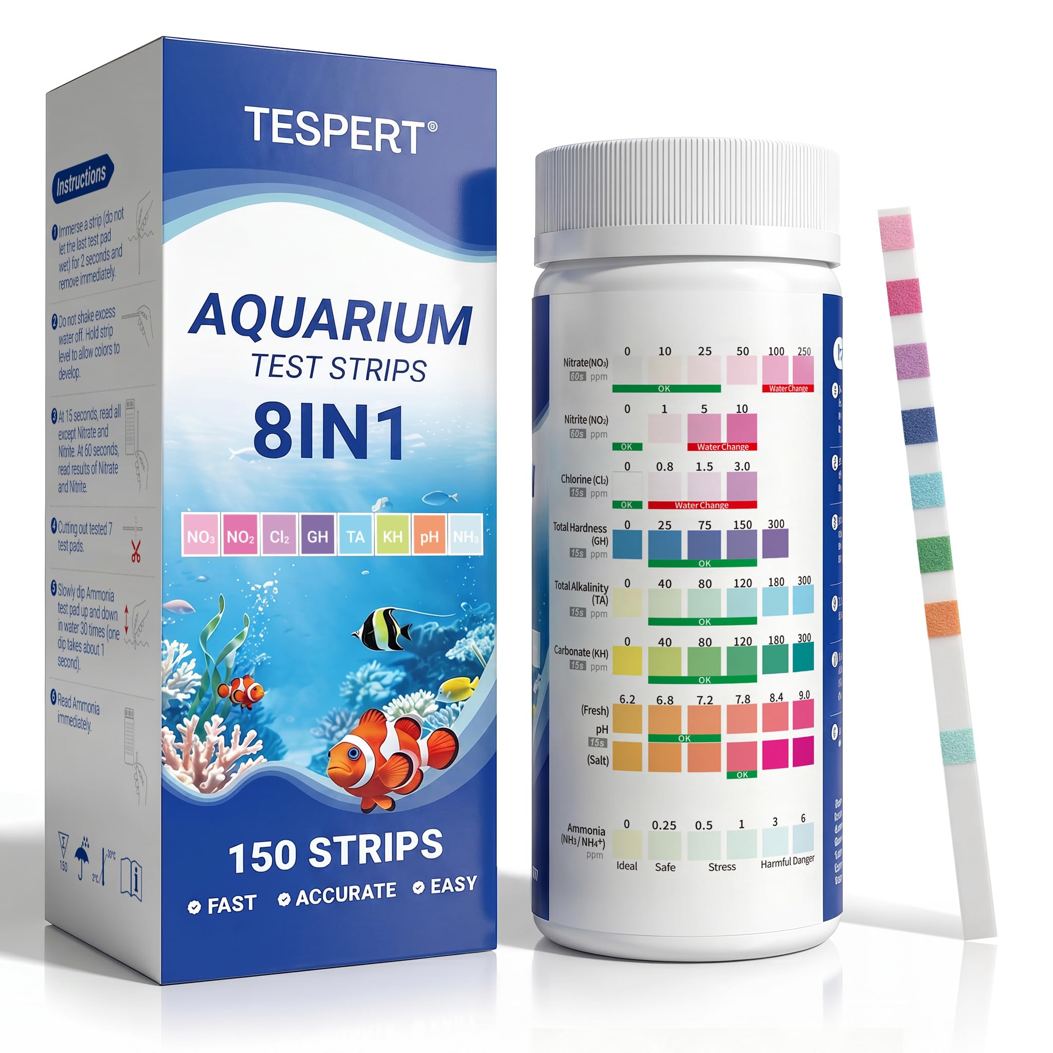 8 In 1 Aquarium Test Strips, 150 × Pond Test Kit for Freshwater & Saltwater