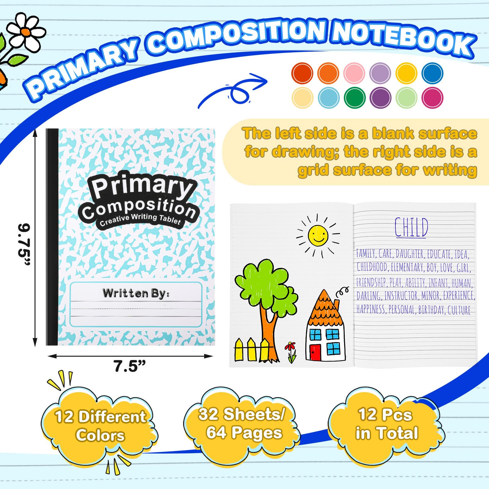 Henoyso 12 quaderni per composizione primaria K-2, 64 pagine, a righe, per bambini di 1a e 2a elementare, per bambini di scrittura e disegno, per scuola materna e scuola elementare (12 colori)