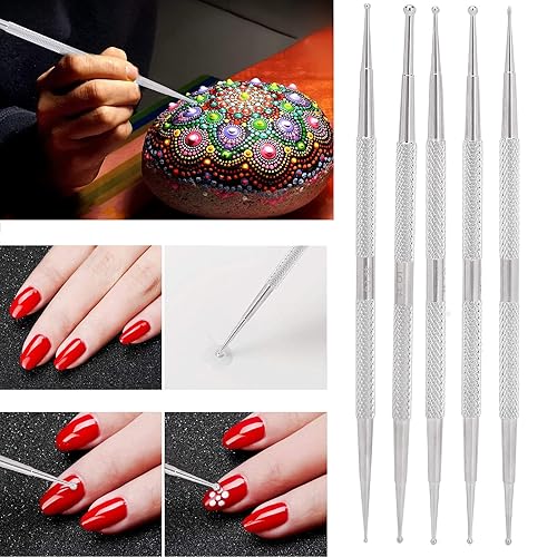 Miniatura 6 de Juego de 5 bolígrafos punteados para arte de uñas de doble extremo, herramientas de pintura de puntos de acero inoxidable de 2 vías para manicura,