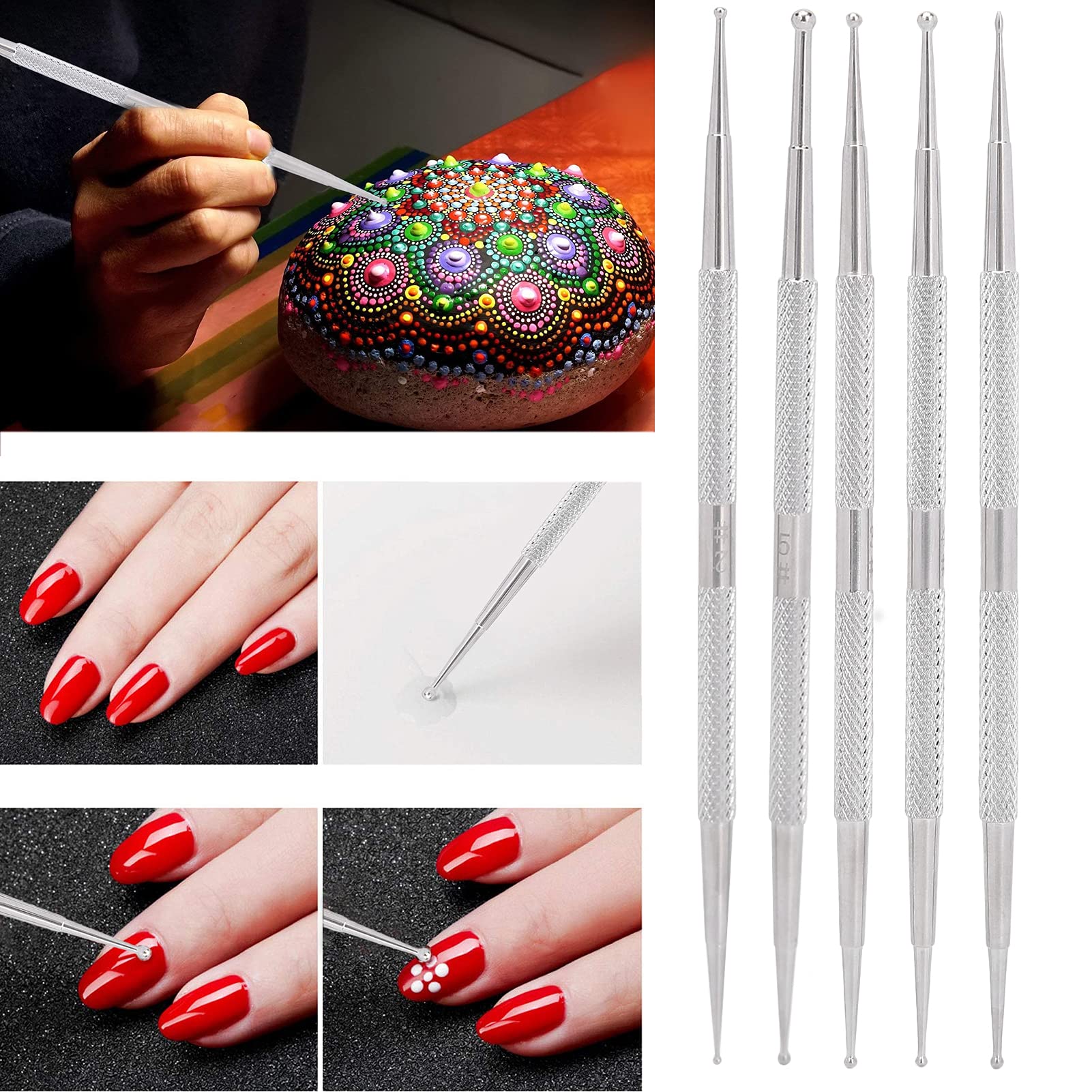 5 uds, 2 vías, herramienta de bolígrafo de puntos, doble cabeza, bolígrafo de punteado para decoración de uñas, bolígrafo de pintura de uñas de acero inoxidable, bolígrafo de decoración DIY