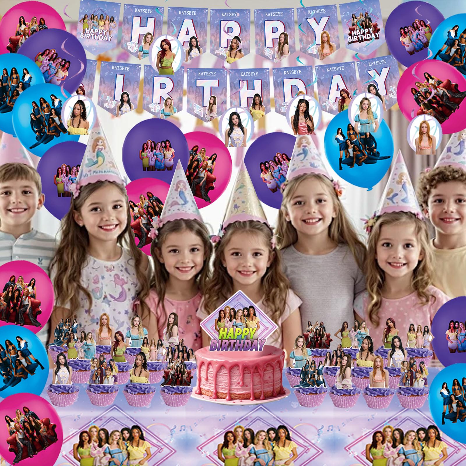 Set di decorazioni per compleanno a tema Katseye da 51 pezzi, Comprensivo di striscione, Decorazioni per torta, Tovaglia, Palloncini, ideale per feste di compleanno di bambini e appassionati