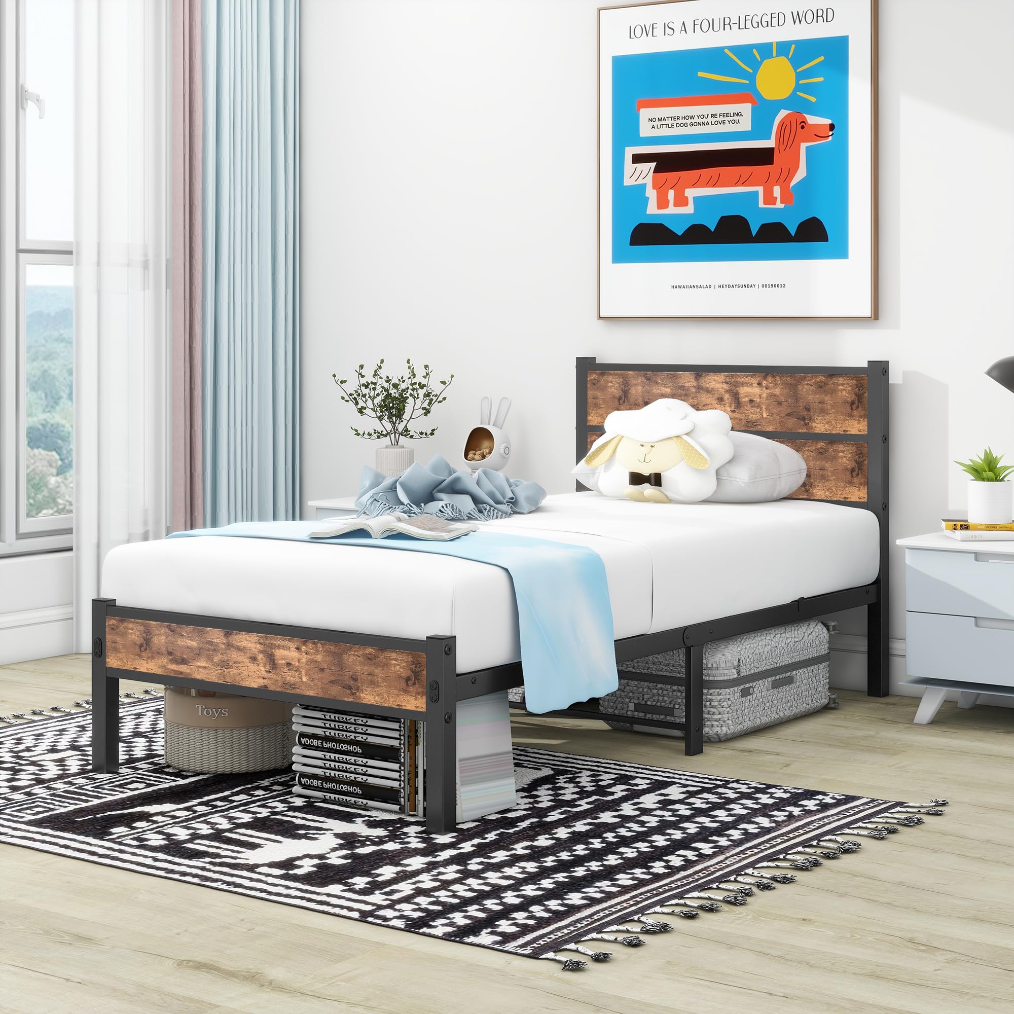 DUMEE Single Bed Frame with Wooden Headboard and Footboard, Metal Wooden Bed Frame 3FT Under Bed Storage, No Box Spring Needed, Enhanced Support Noise Free (Black+Brown Oak)