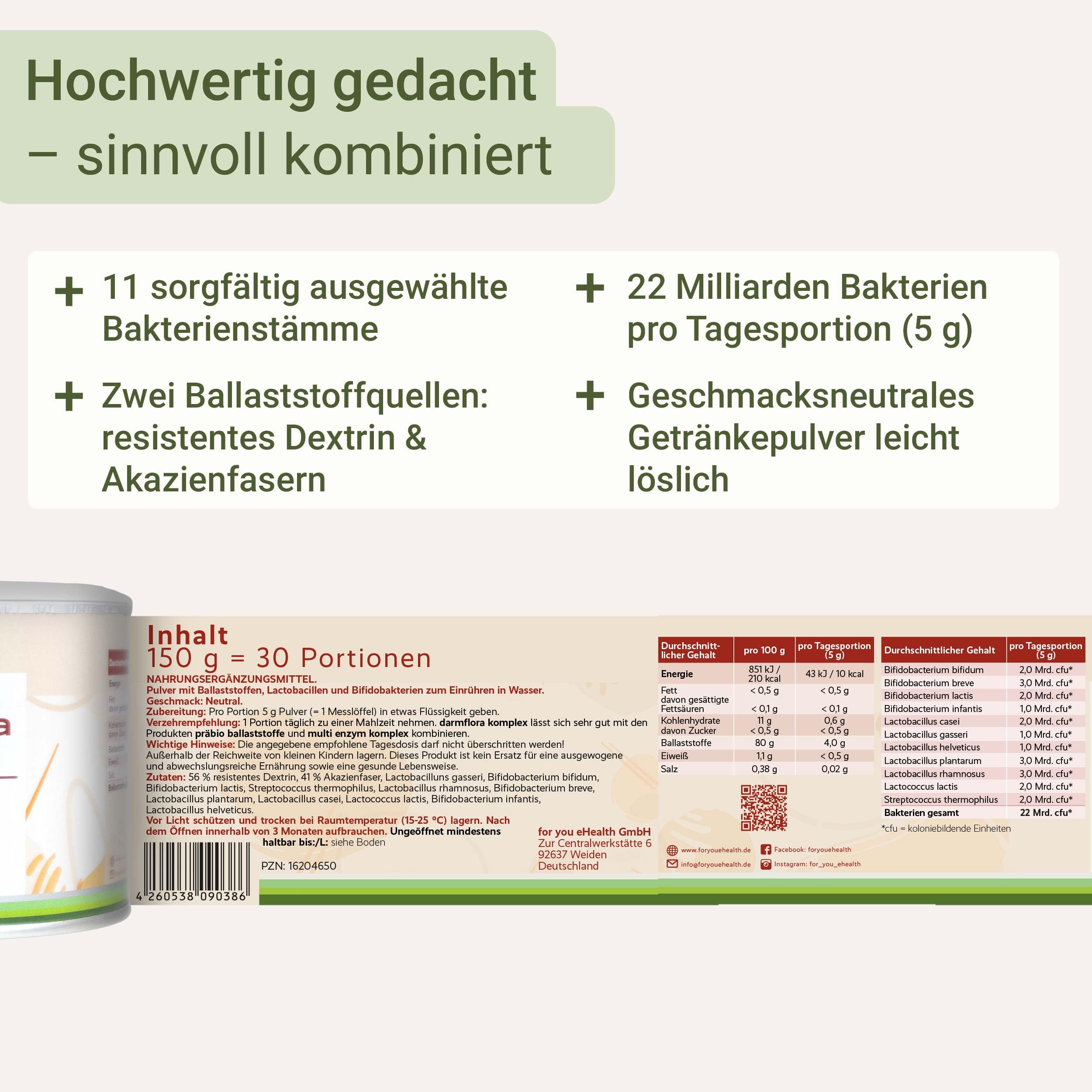 for you darmflora komplex neutral - mit 11 Bakterienstämmen, 22 Milliarden Keimen pro Portion & 2 Arten von Ballaststoffen: resistentes Dextrin aus Mais & Akazienfaser - Ohne Zusätze