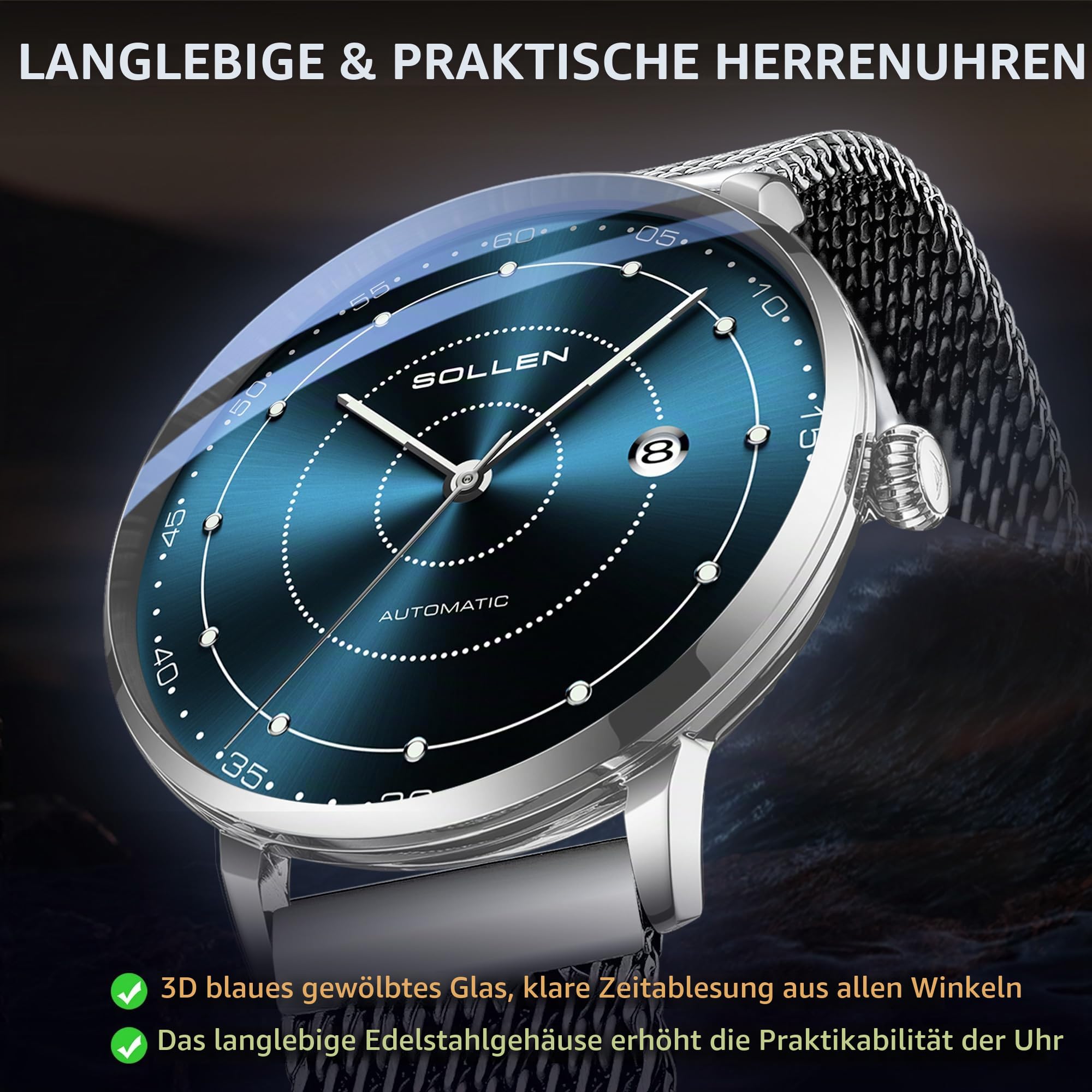 SOLLEN Mechanische Armbanduhren Herren,Klassische Minimalistische Herrenuhren Luxus,Wasserdicht Leuchtend Selbstaufzug Business Automatische Herrenuhr mit Kalendar,Automatikuhr als Geschenk für Männer