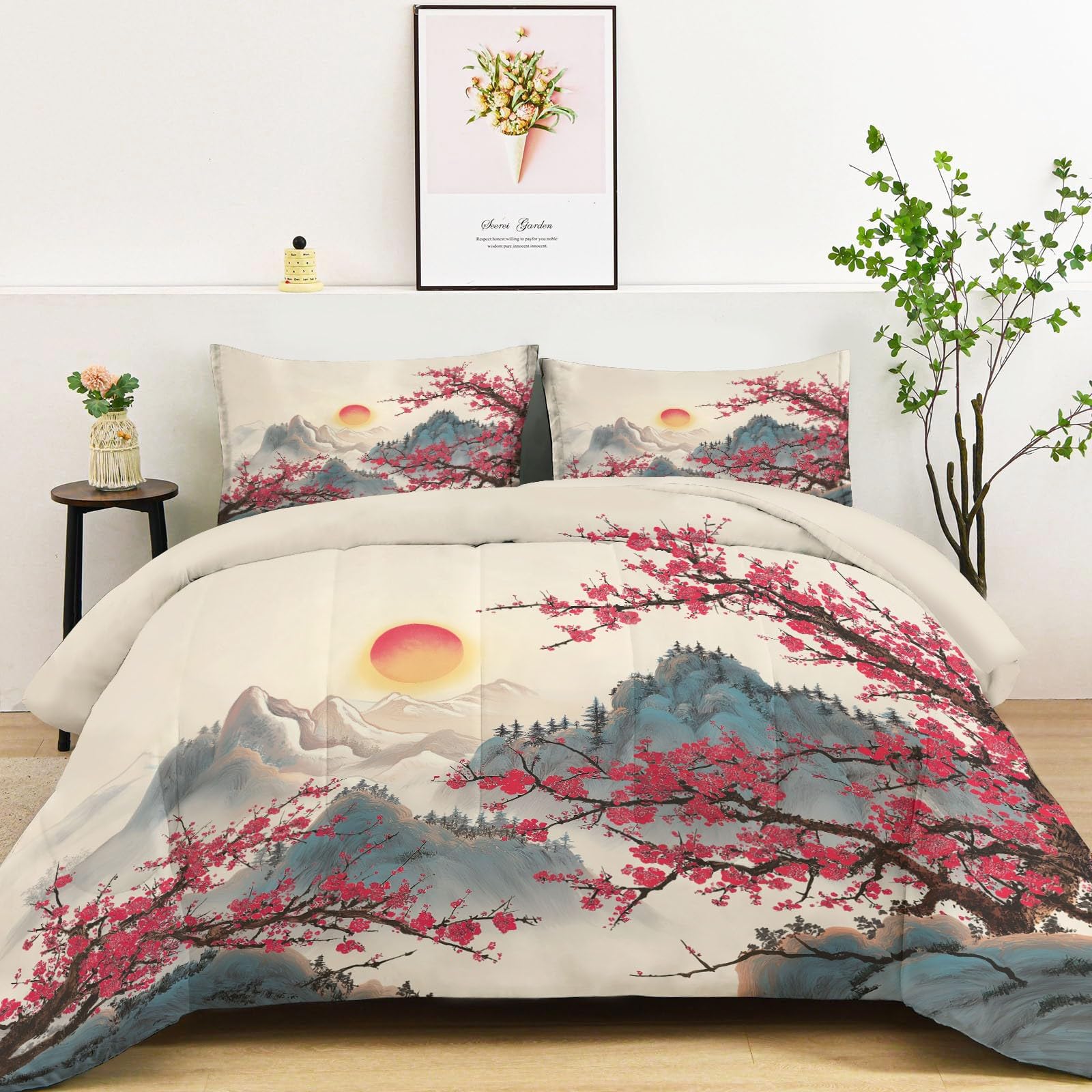 uego de Colcha Cama Paisaje al Amanecer al Estilo Chino Colcha Estampada 200 x 200 cm Cubrecama Microfibra con 2 Fundas de Almohada, Manta de Verano Cama Superligera con Elegante Beige
