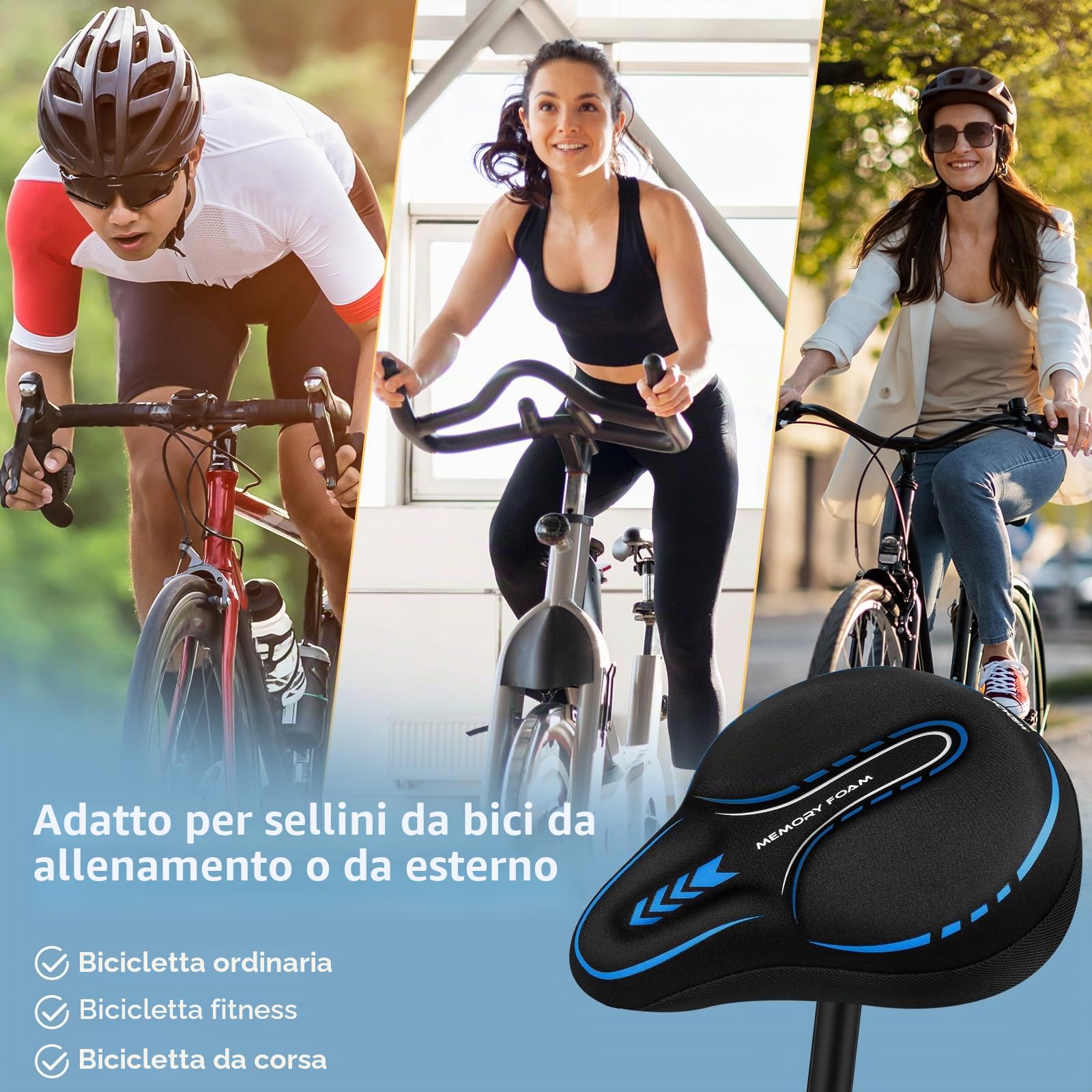 MSDADA Coprisella Bici in Gel, Grande Coprisella Cyclette Imbottito, Cuscino Sedile Bici per Biciclette da Strada, Cyclette, City Bike, Mountain Bike, Elettrica, Spinning(Blu)