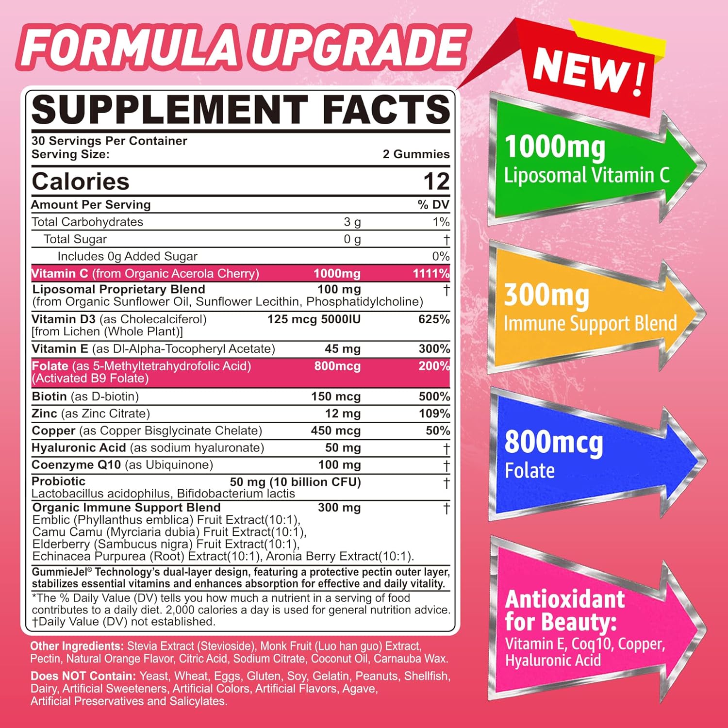 Liposomal Vitamin C 1000mg + D3 5000IU + Zinc Filled Gummies, Folate 800mcg Chewable Supplement, Elderberry for Immune, Hyaluronic Acid, VE, for Beauty, Energy & Overall Health, Sugar Free, Natural ﻿ - Image 2