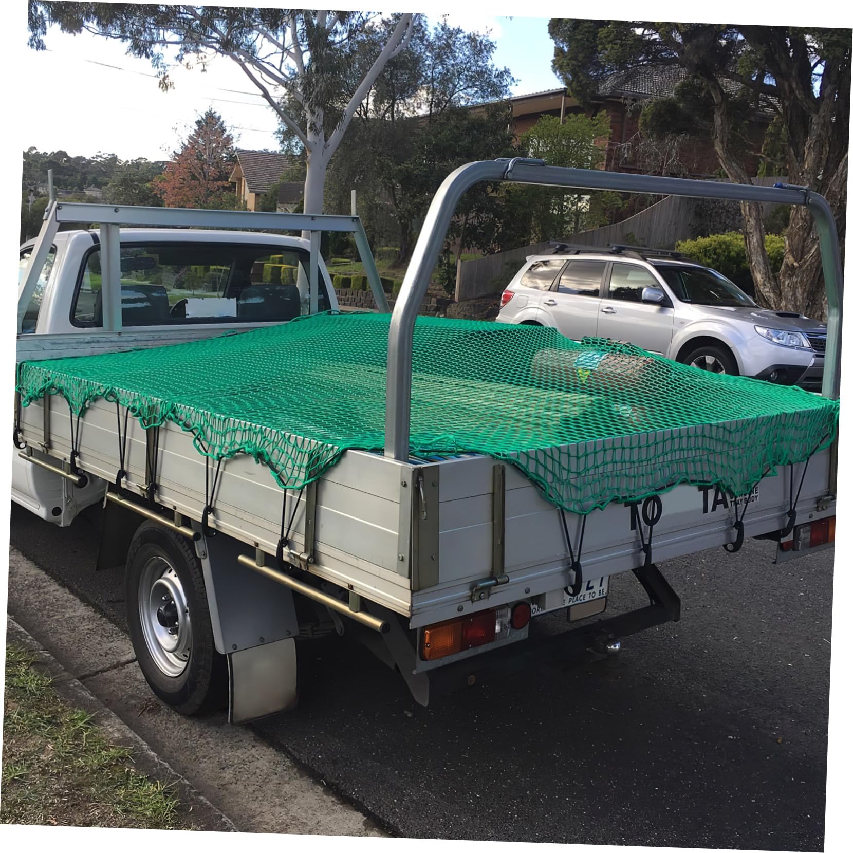 LKW Ladeflächennetz 2x3m Nylon Grün mit Elastischen Gurten | 15 Haken, für Pickup und Anhänger, Reißfest, Abriebfest, für Umzüge und Transport