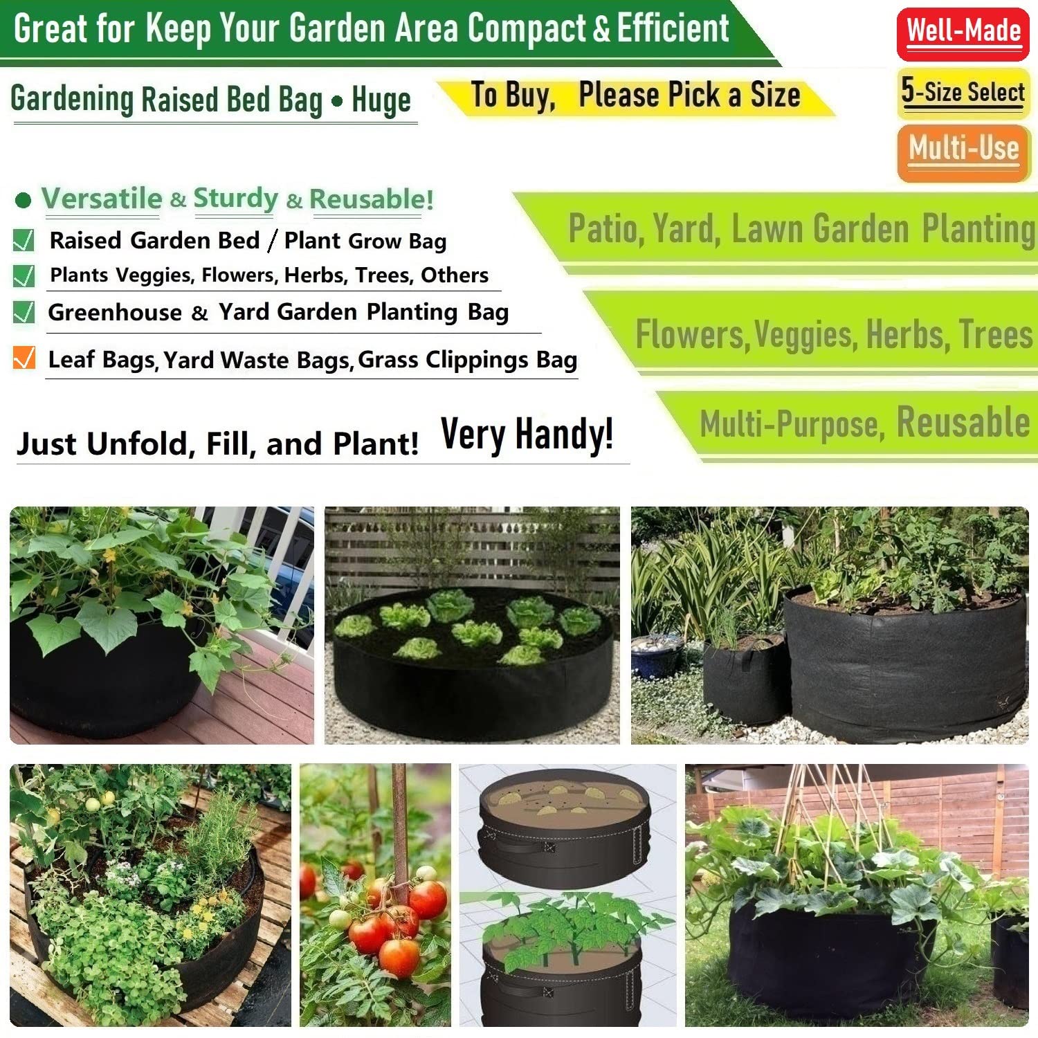 300 Gallonen Hochbeet Gartentasche (152.4x61 cm) Pflanzbeutel für Tomatenpflanzentopf, Kartoffelpflanzgefäß, Blumenbeet, Kräuterpflanzbeutel, Hofabfallbeutel, Blattbeutel mit Gartenarbeit Handschuhe