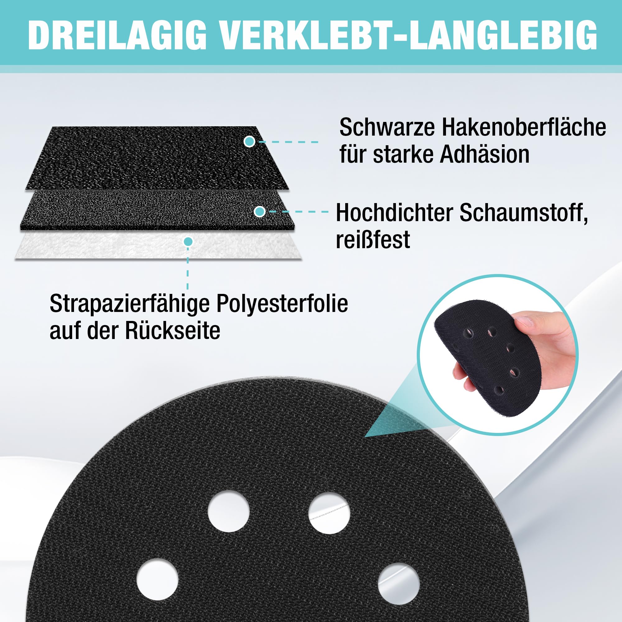 WORKPRO 3 Stück Schleifpads 125mm Klett für Exzenterschleifer mit 8 Löchern, 12mm Dichte Polierschwamm mit 3 Schleifscheiben für Schleifer