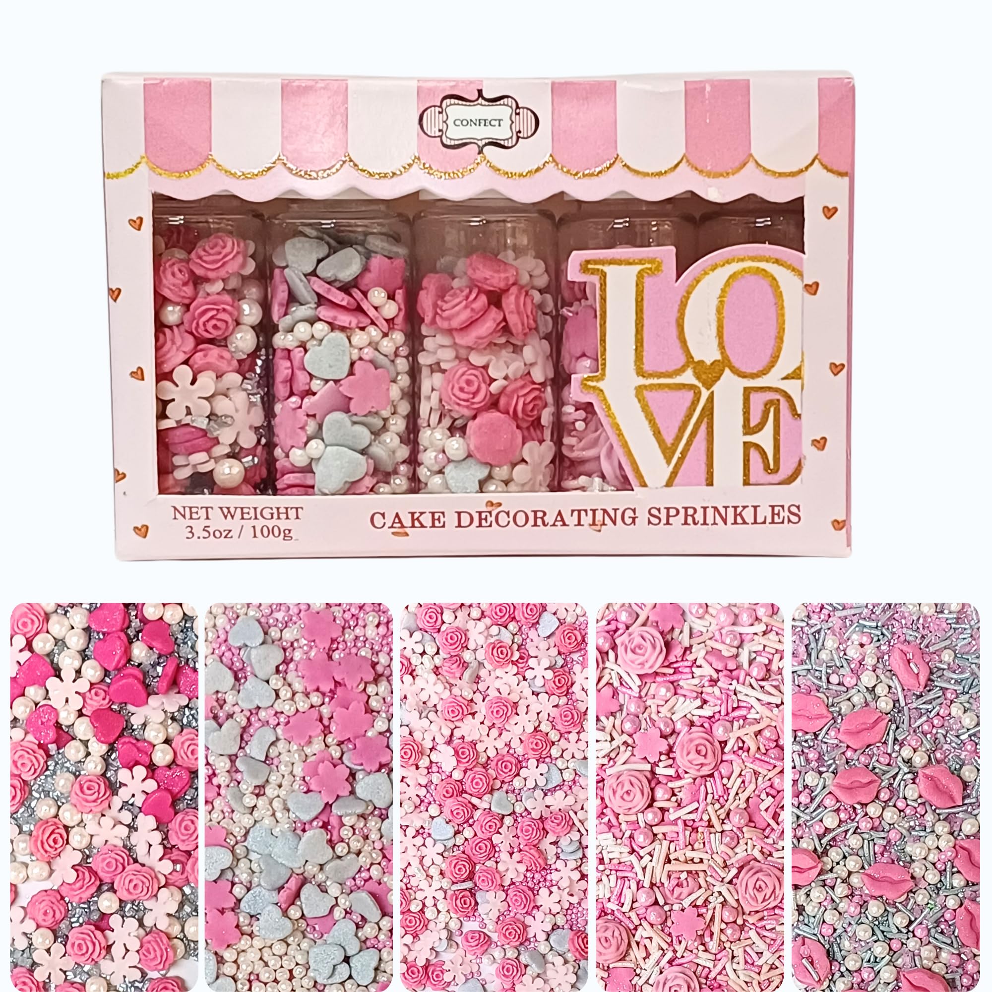 Confect Cake & Cupcake Sprinkles | Love Sprinkles Mix Pink Mini Lips & Roses, Silver Hearts & Vermcelli and White Pearls | Anniversary Sprinkles | Vegan, Gluten-Free, Nut-Free, Soy-Free, Dairy-Free , Handcrafted Sprinkle -Edible sprinkles -140 Gms