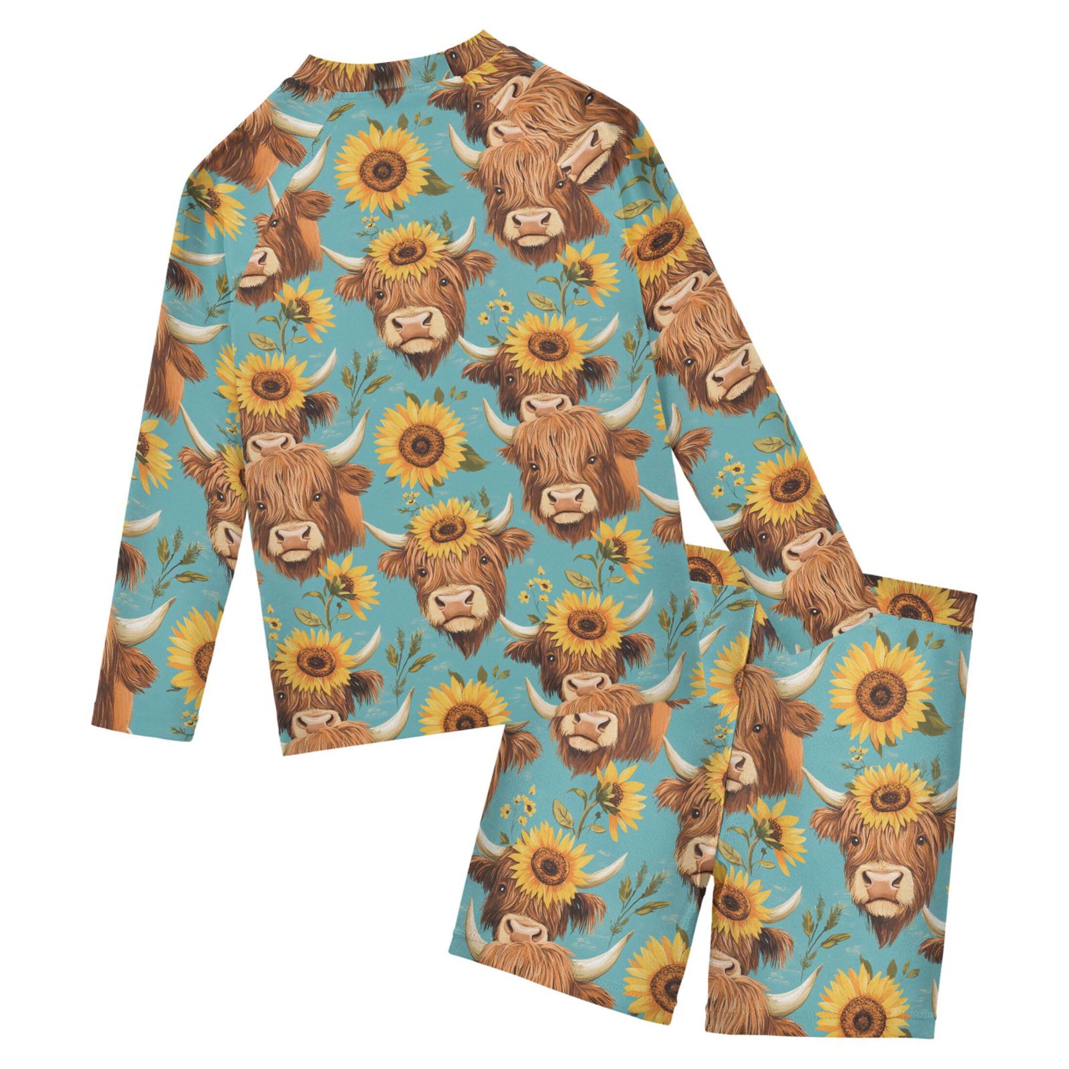Highland Cow Sunflower Cute Baby Boys' Toddler Long Sleeved Rashguard Swim Bathing Suit Set B0403917